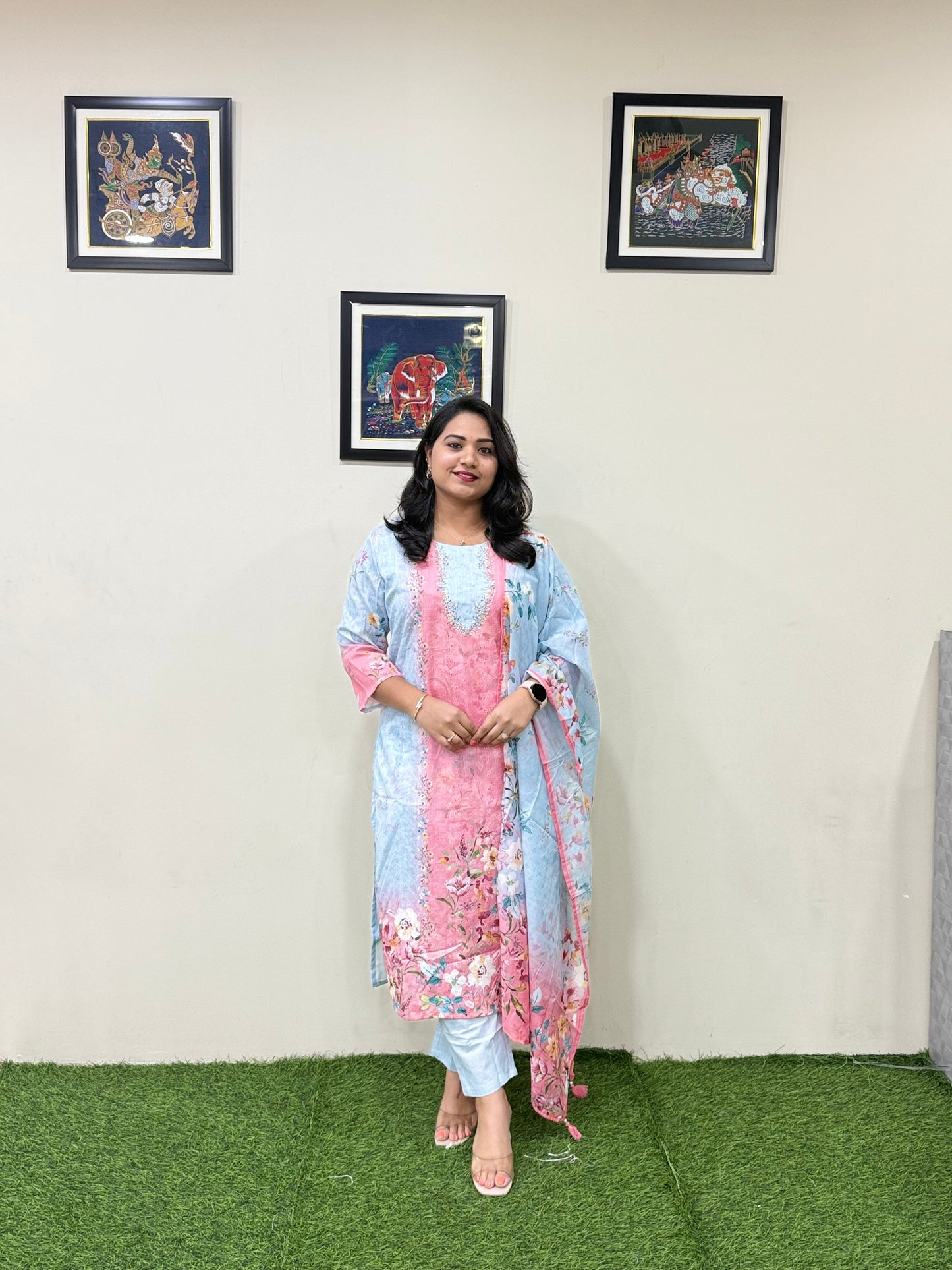 Women’s Linen Schiffli Embroidered Kurta Set with Cotton Pant and Viscose Mal Dupatta – L to 3XL