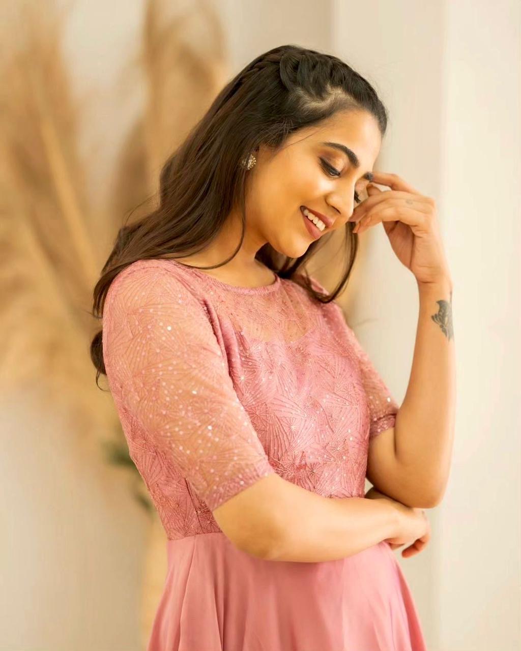 Stunning Pastel Pink Party Wear Gown with Butterfly Net and Embroidery