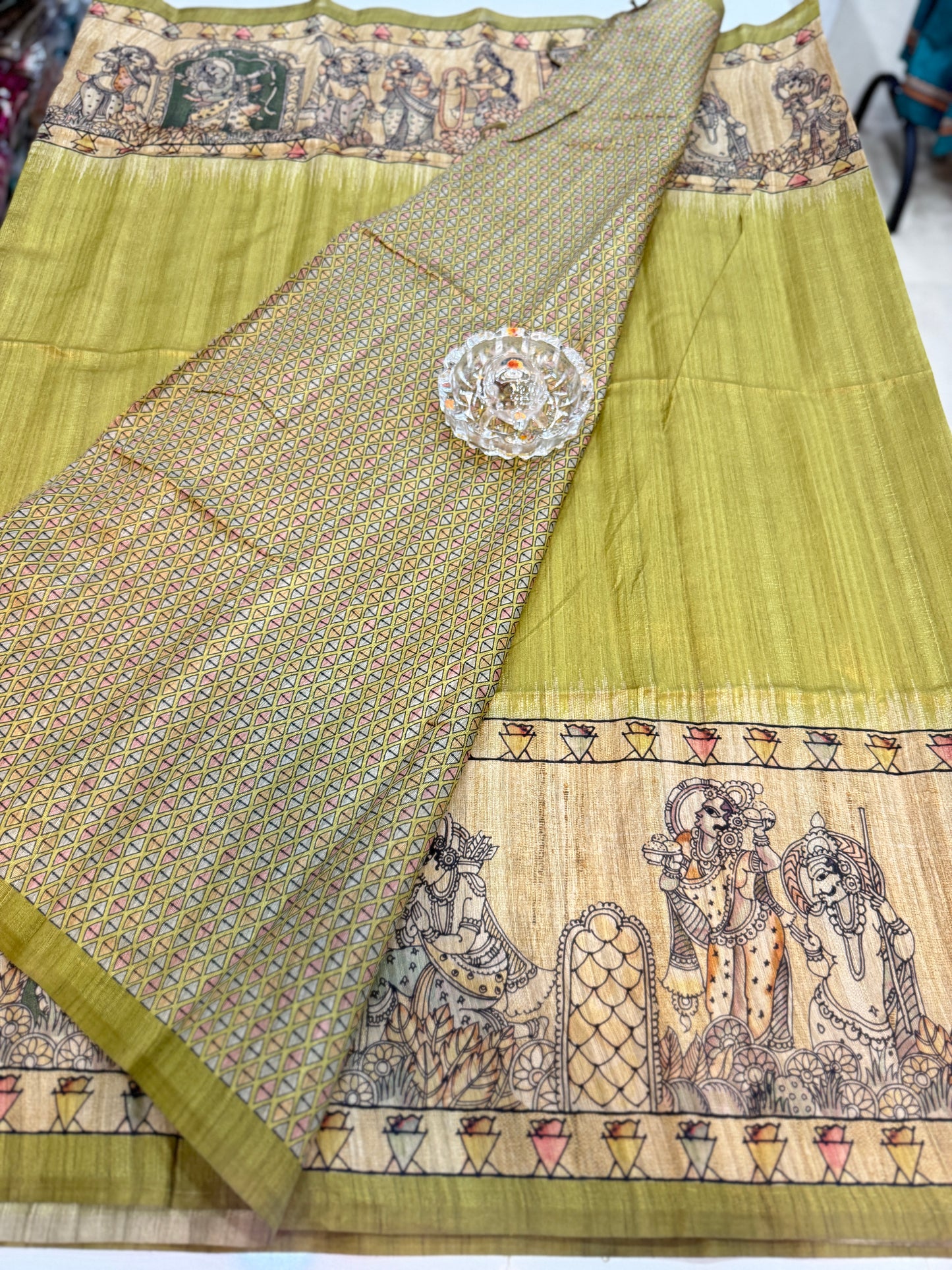 Spider Silk Saree with Folk Art Print Border and Tassel Pallu