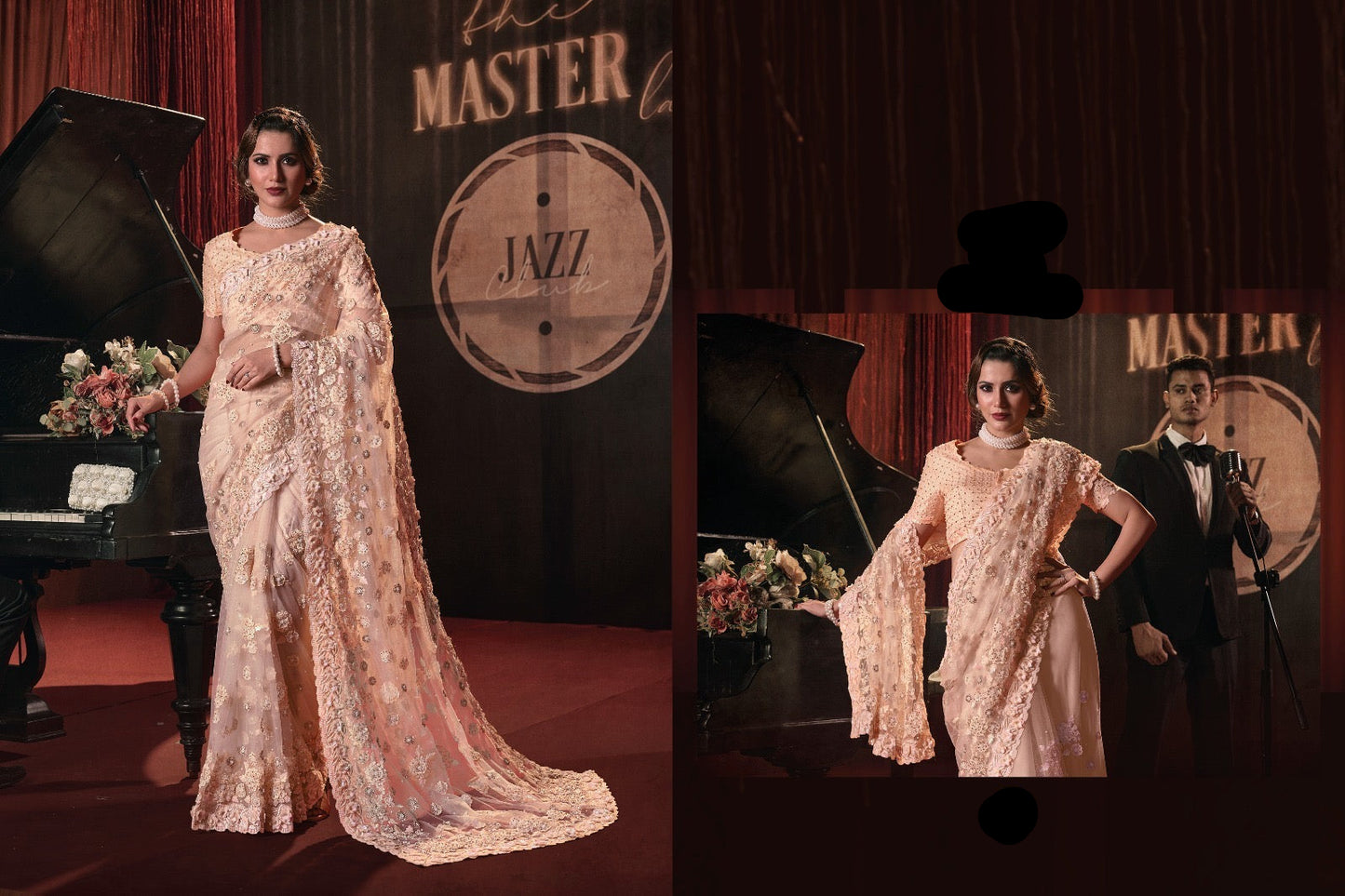 Champagne Gold Sequin Embroidered Saree for Women – Fancy Designer Fabric with 3D Floral and Crystal Work