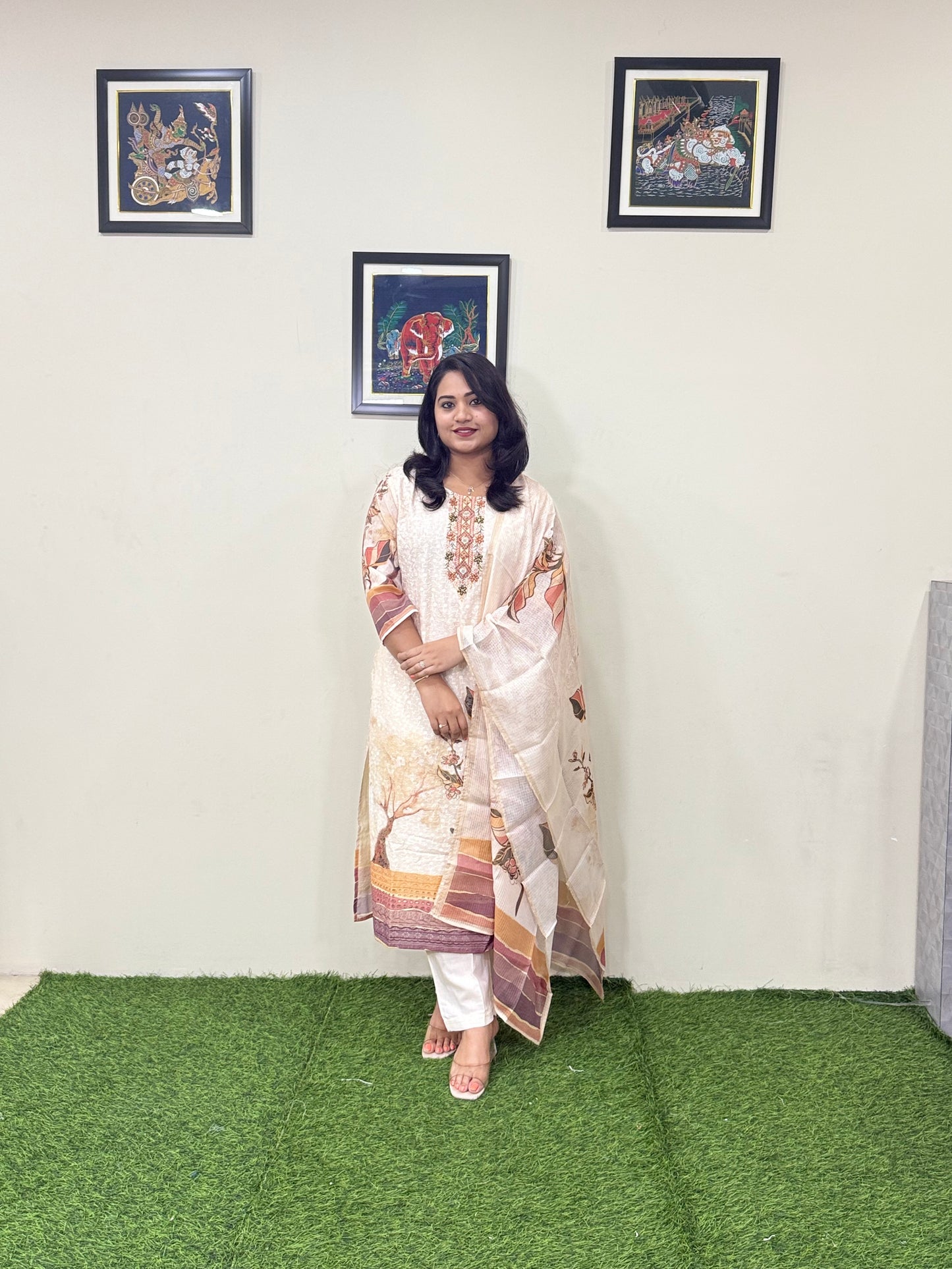 Cotton Schiffli Digital Print Suit Set with Muslin Dupatta and Khatli Handwork – L to 3XL