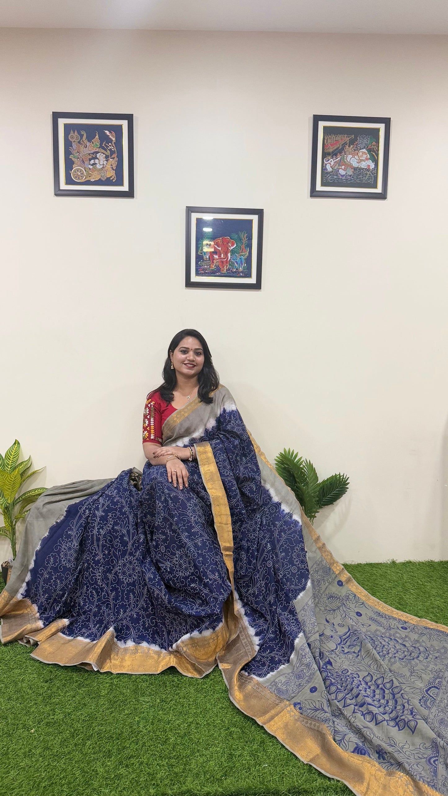 Exquisite Chennuri Pure Silk Saree with Kanchi Borders & Outline Kalamkari Designs