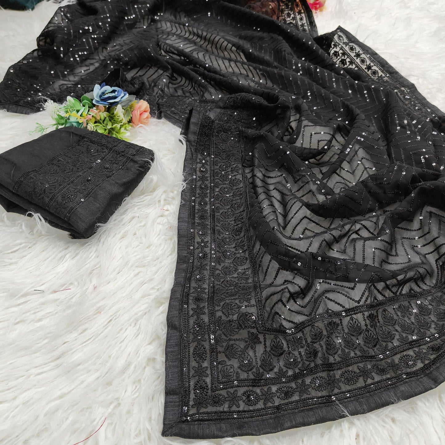Graceful Soft Georgette Saree with Sequins Embroidery and Piping Lace Border