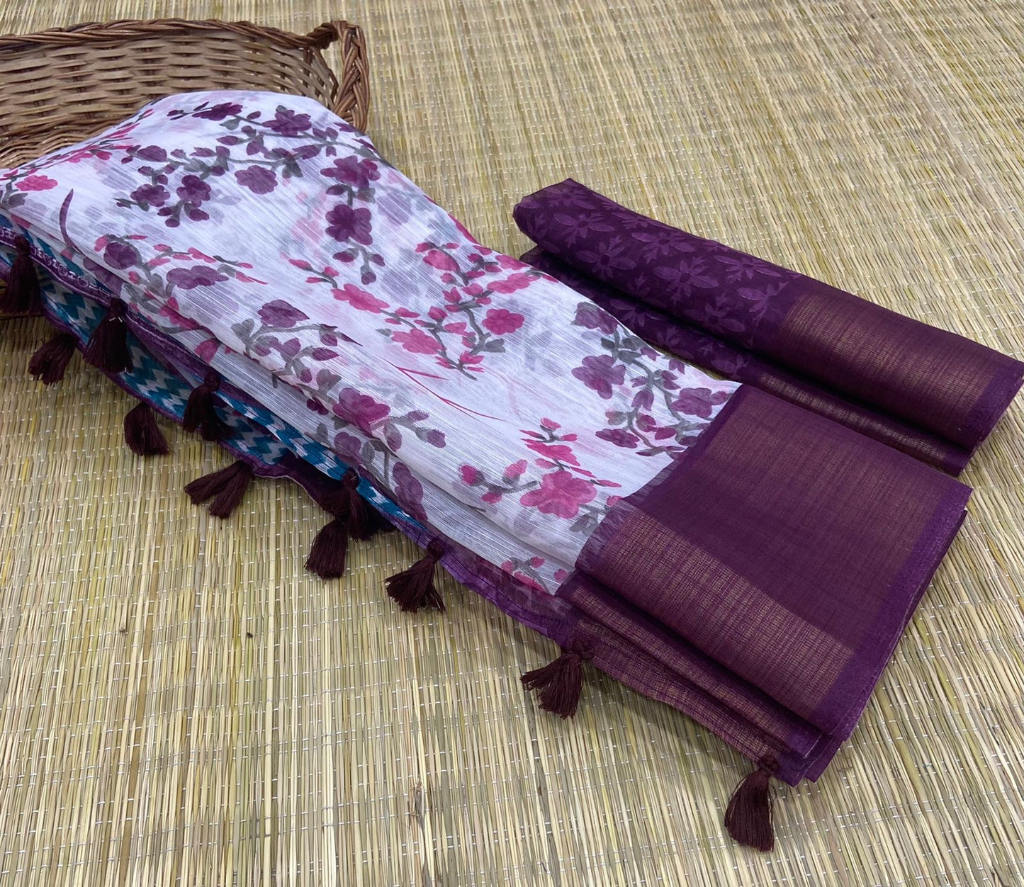 Soft Cotton Slub Saree with HD Floral Print, Zari Weaving Border, and Tassel Pallu for Women