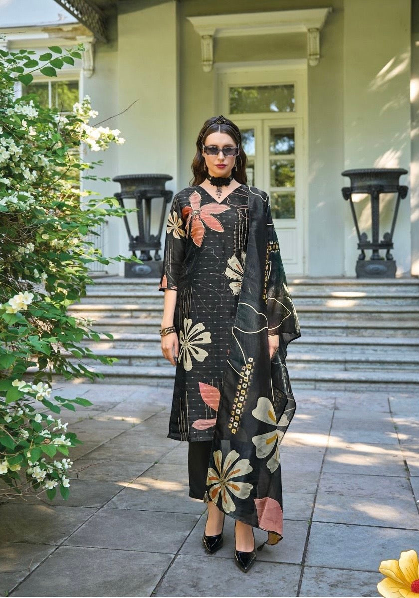 Jacquard Shimmer Kurta Pant Dupatta Set with Handwork and Digital Print Dupatta – L to 3XL