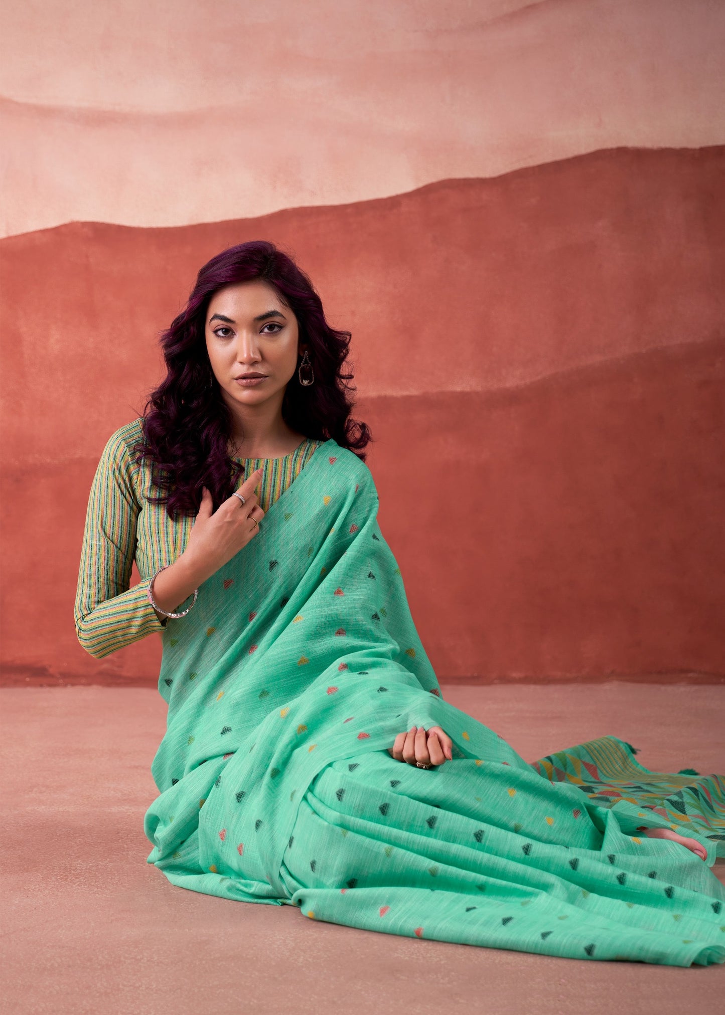 linen silk printed saree with geometric pallu and multicolor motifs – ethnic wear for women