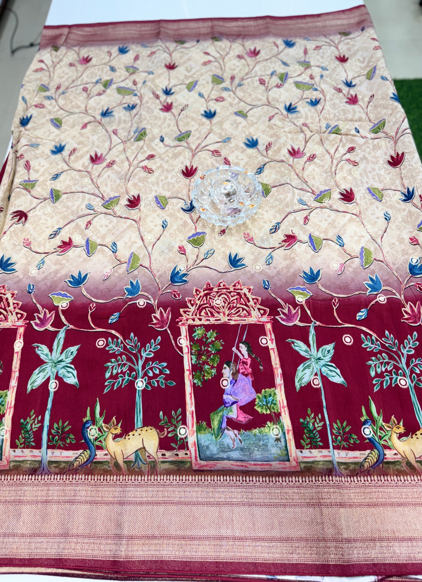 Pure Crepe Silk Saree with Digital Print and Zari Border – Elegant Festive and Wedding Saree for Women