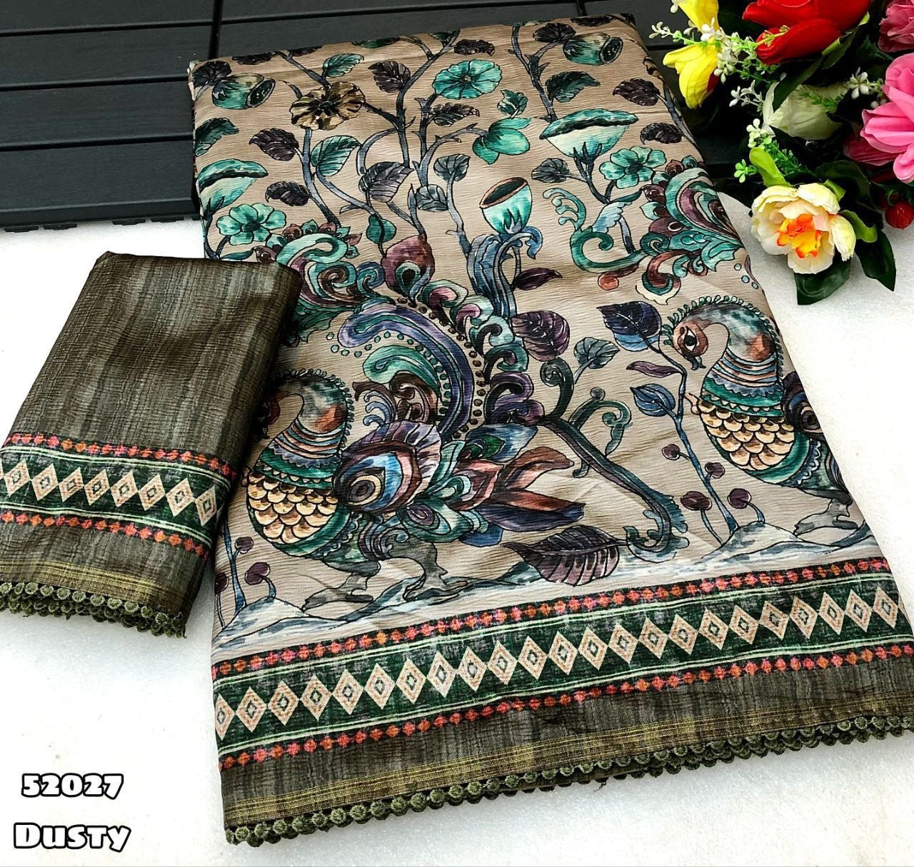 New Arrival: Tussar Silk Floral Kalamkari Digital Print Crush Saree