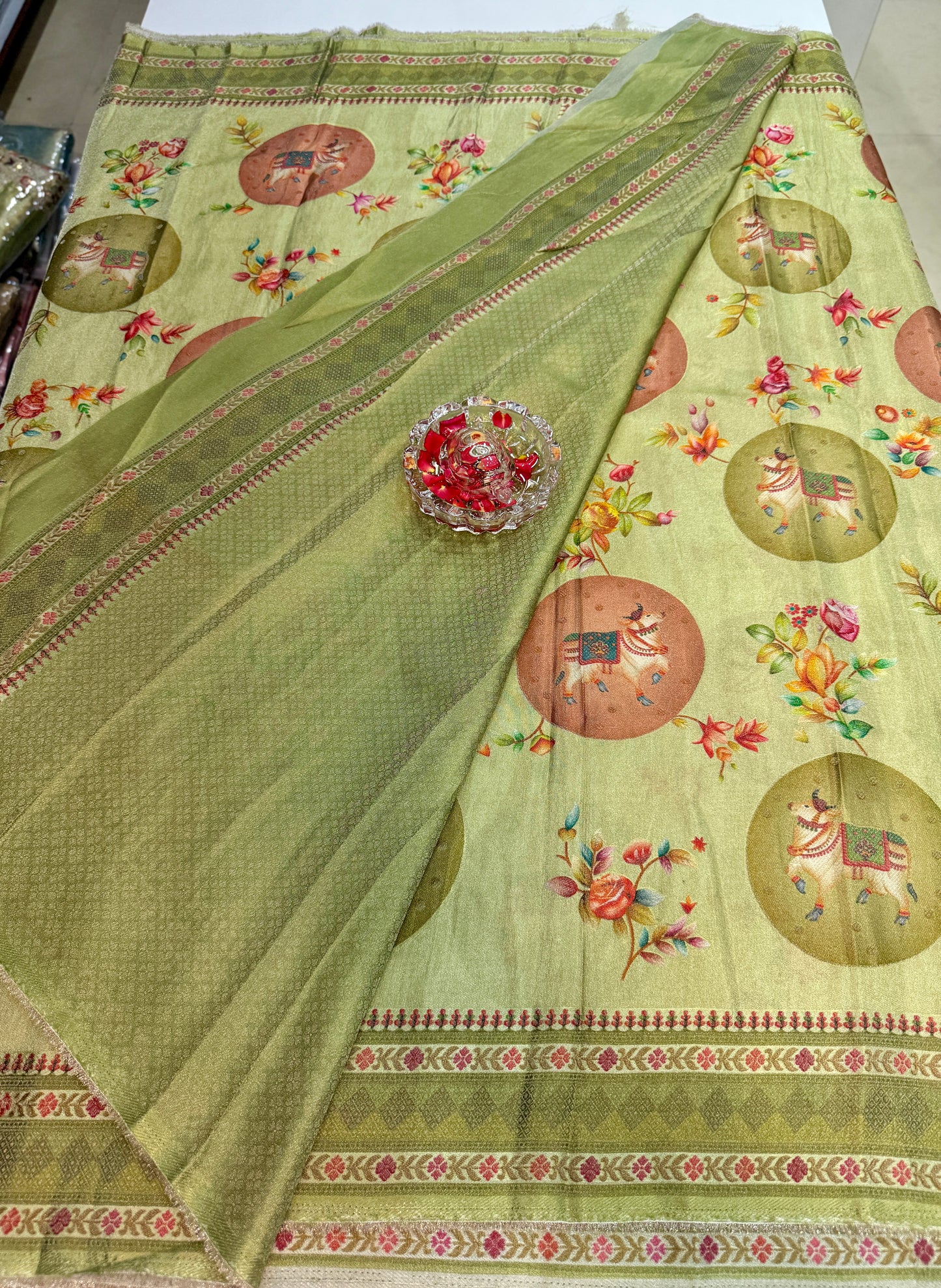 Pure Ziraf Silk Printed Saree with Elephant and Floral Motifs – Lightweight Soft Silk Saree for Women