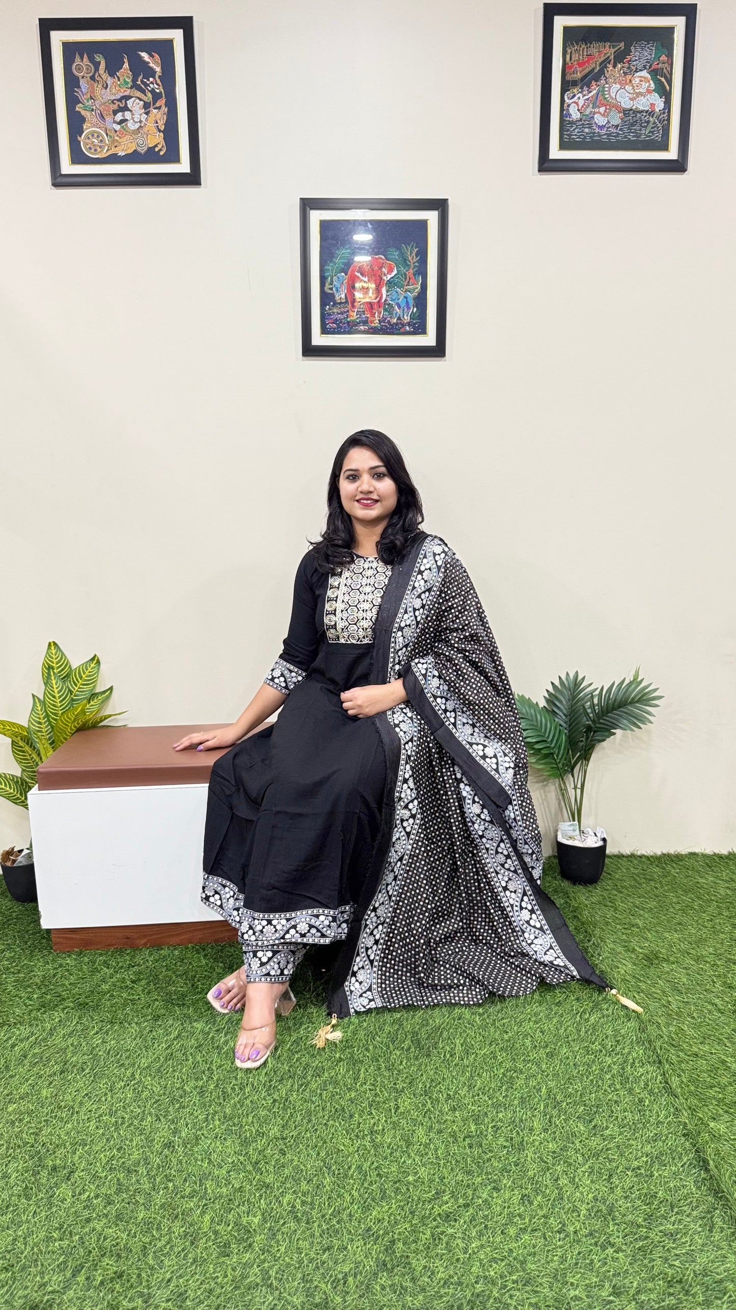 Rayon Kurta Pant Dupatta Set with Dori Embroidery and Chanderi Foil Print Dupatta – Sizes M to XXL