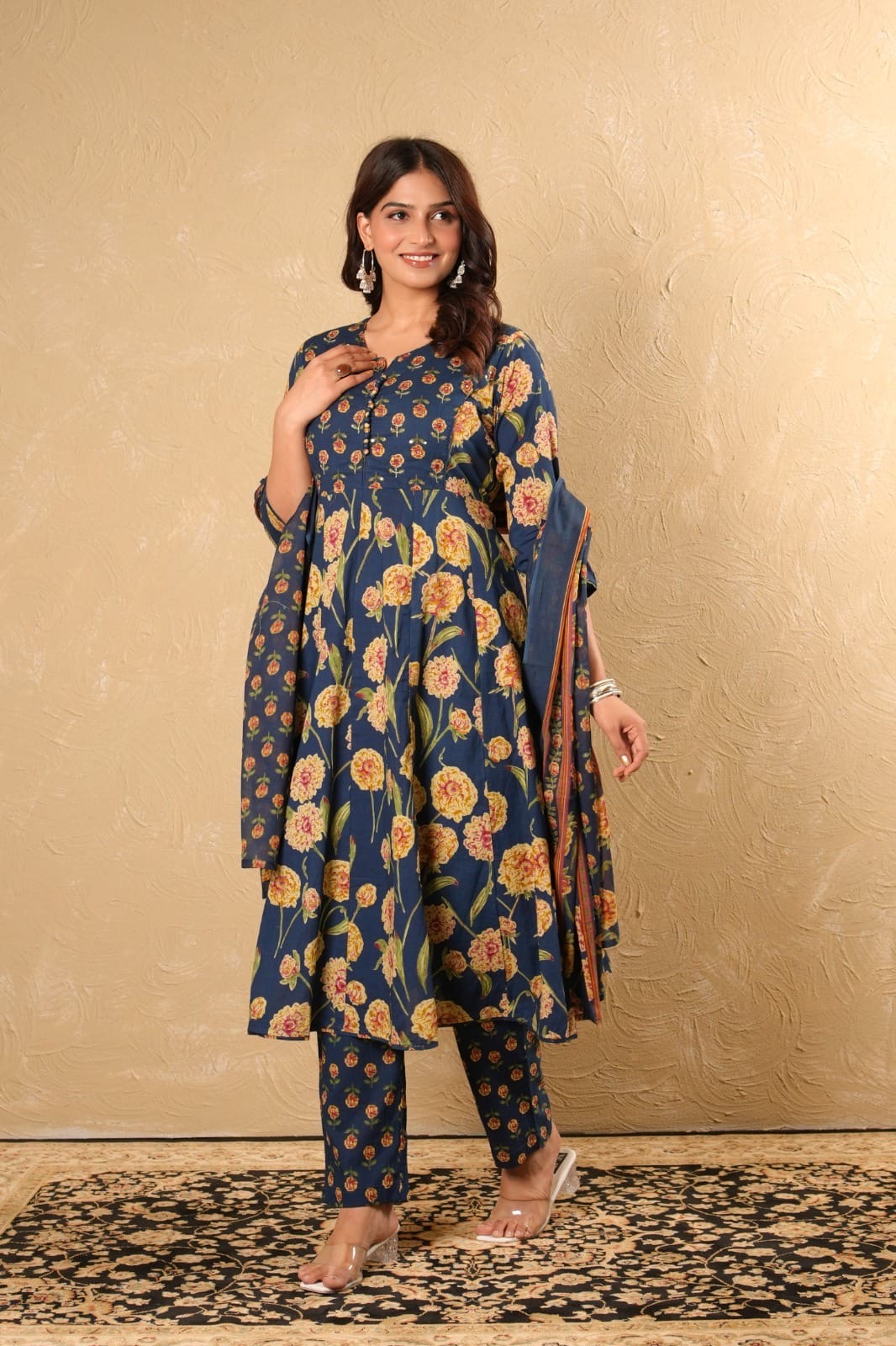 Cotton Anarkali Kurta Pant Dupatta Set with Detailing Work – M to 3XL