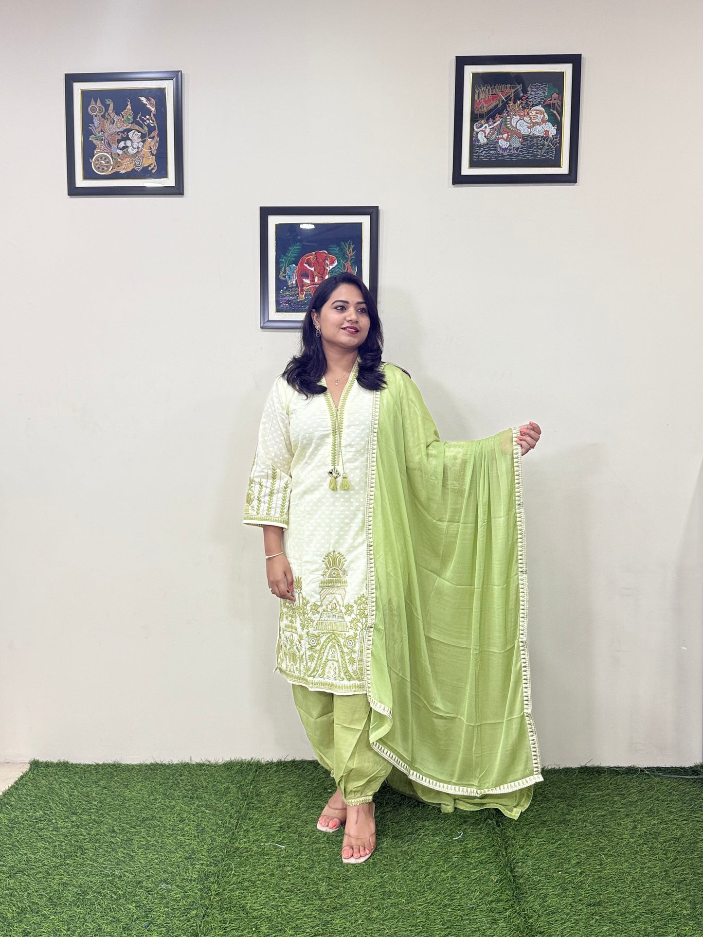 Cotton Dobby Kurti Afghani Pant Dupatta Set with Mirror Hand Work and Chiffon Dupatta for Women