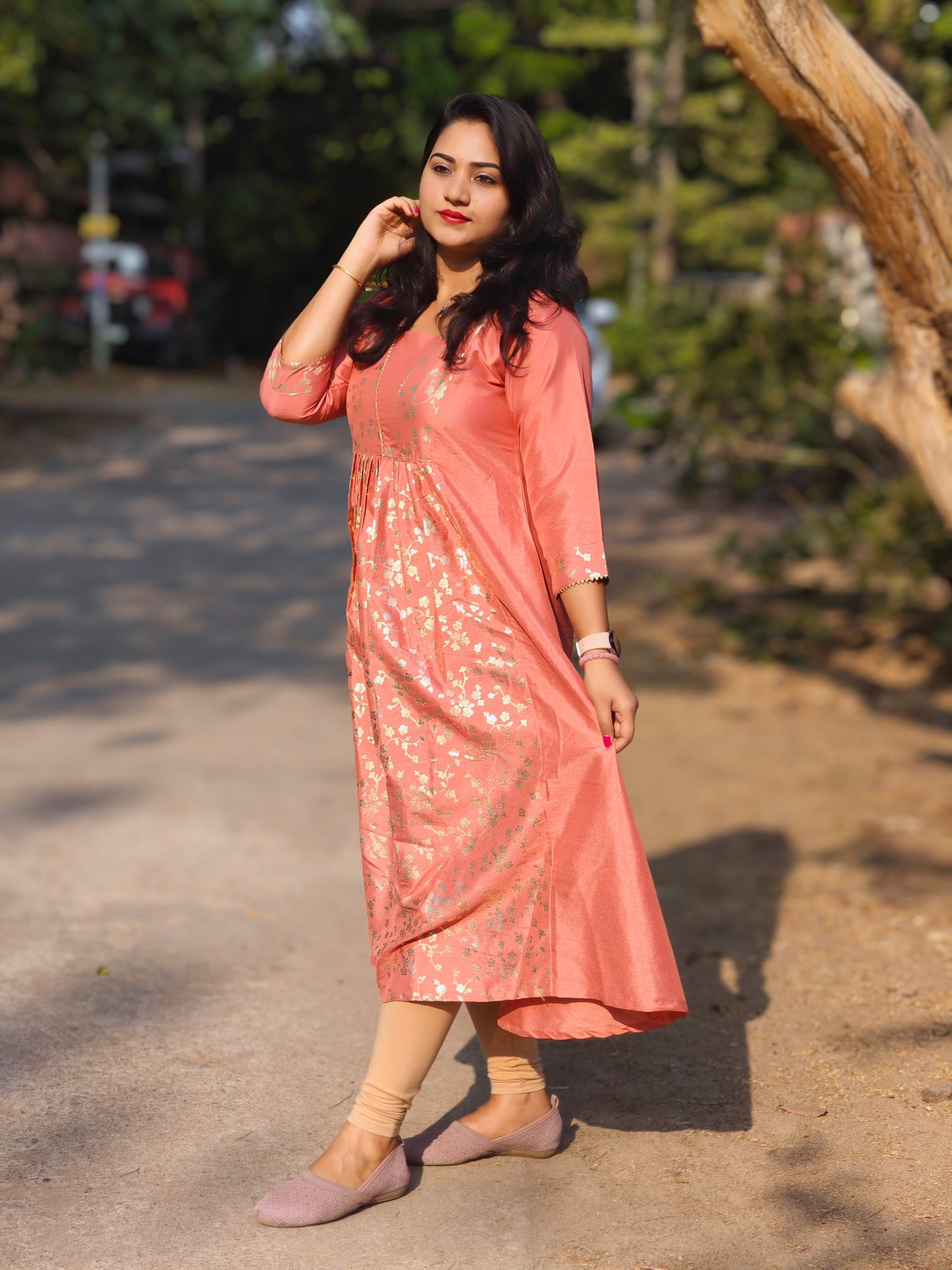 Peach Crepe Silk Floral Panelled Kurta 4375