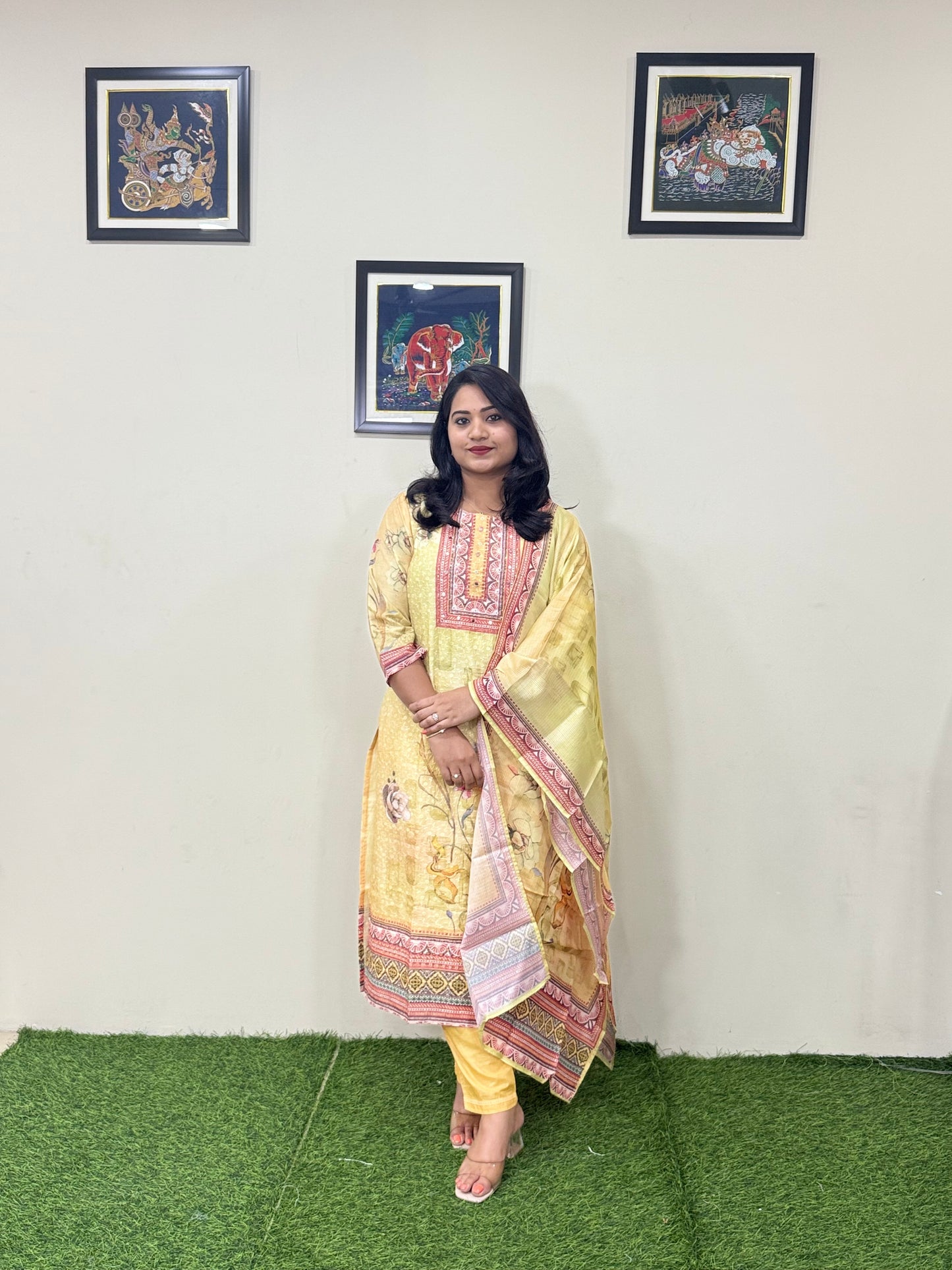 Cotton Schiffli Digital Print Suit Set with Muslin Dupatta and Khatli Handwork – L to 3XL