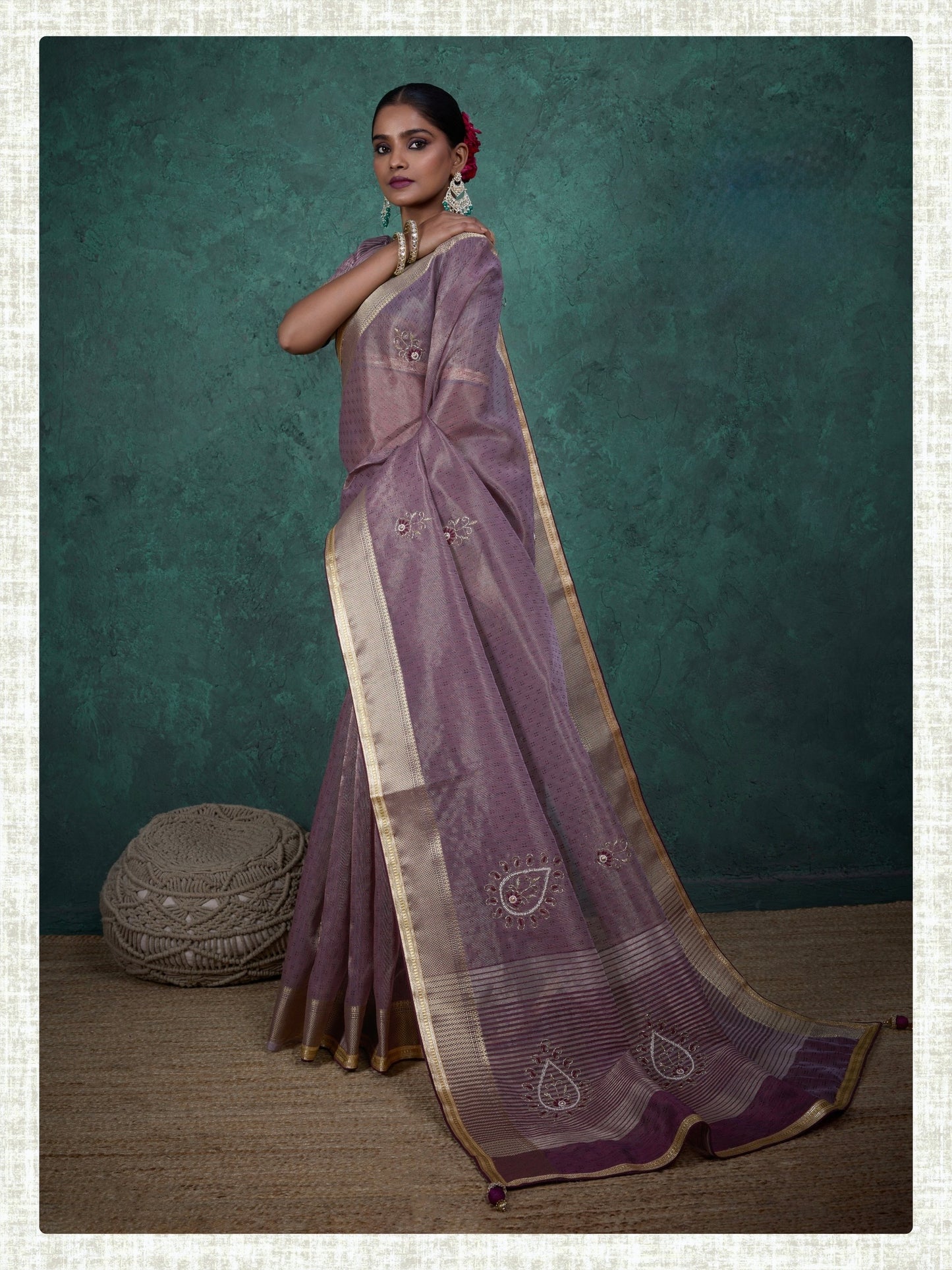 linen tissue saree with handwork motifs, lace detailing, and designer blouse – lightweight ethnic wear for women