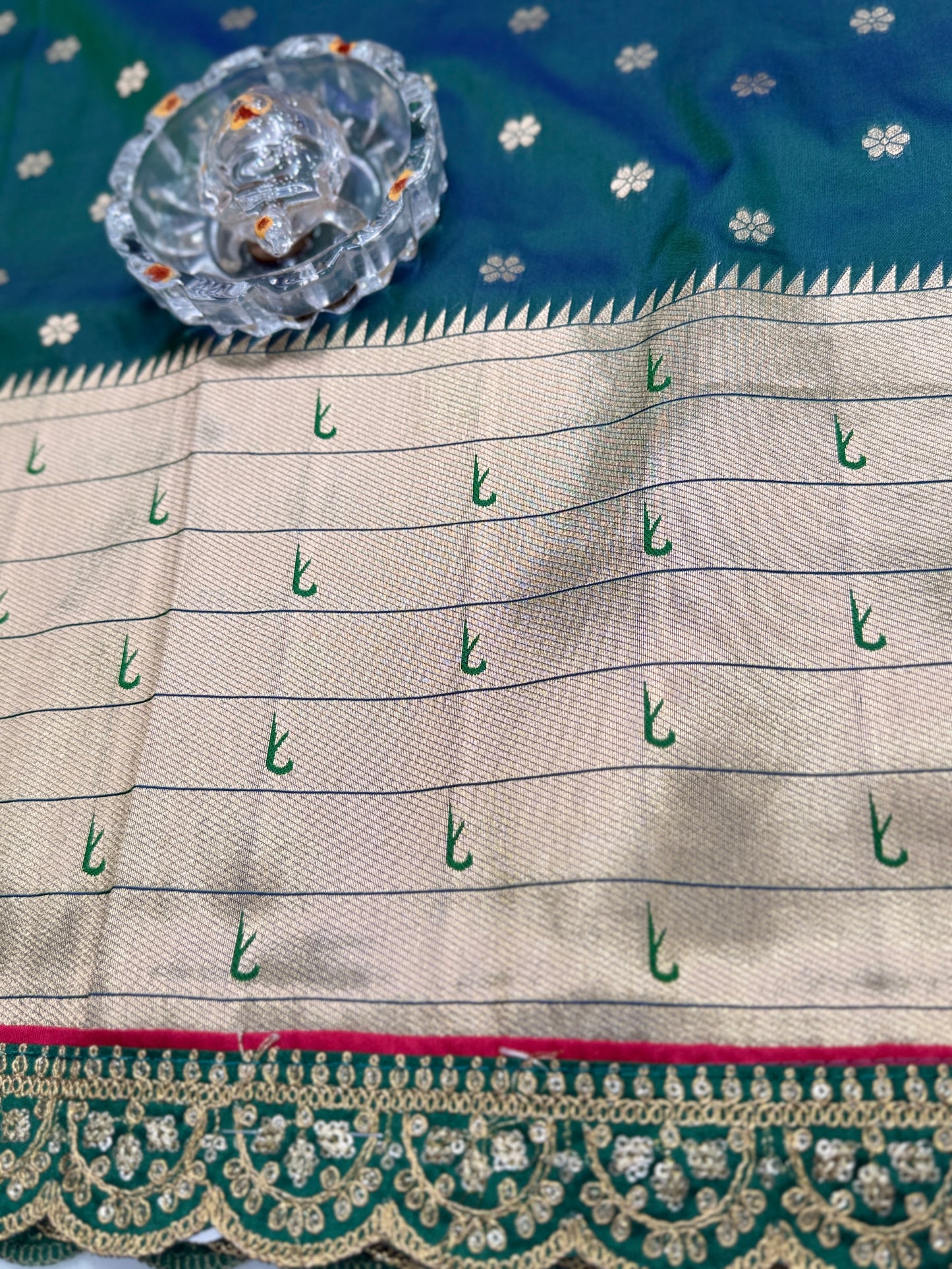 Paithani Lace Border Saree with Parrot Motifs and Contrast Blouse