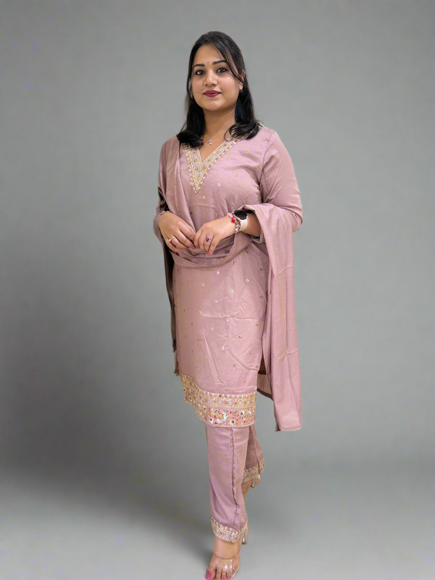 Vichitra Silk Ethnic 3-Piece Set with Embroidered Dupatta – Available in L and XL Sizes