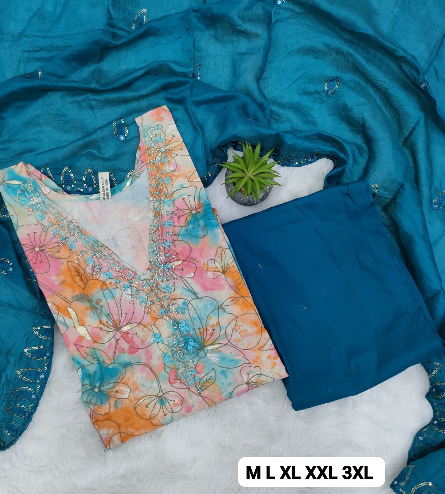 Handcrafted Modal Silk Kurti with Pant & Heavy Work Dupatta – Sizes M to 3XL