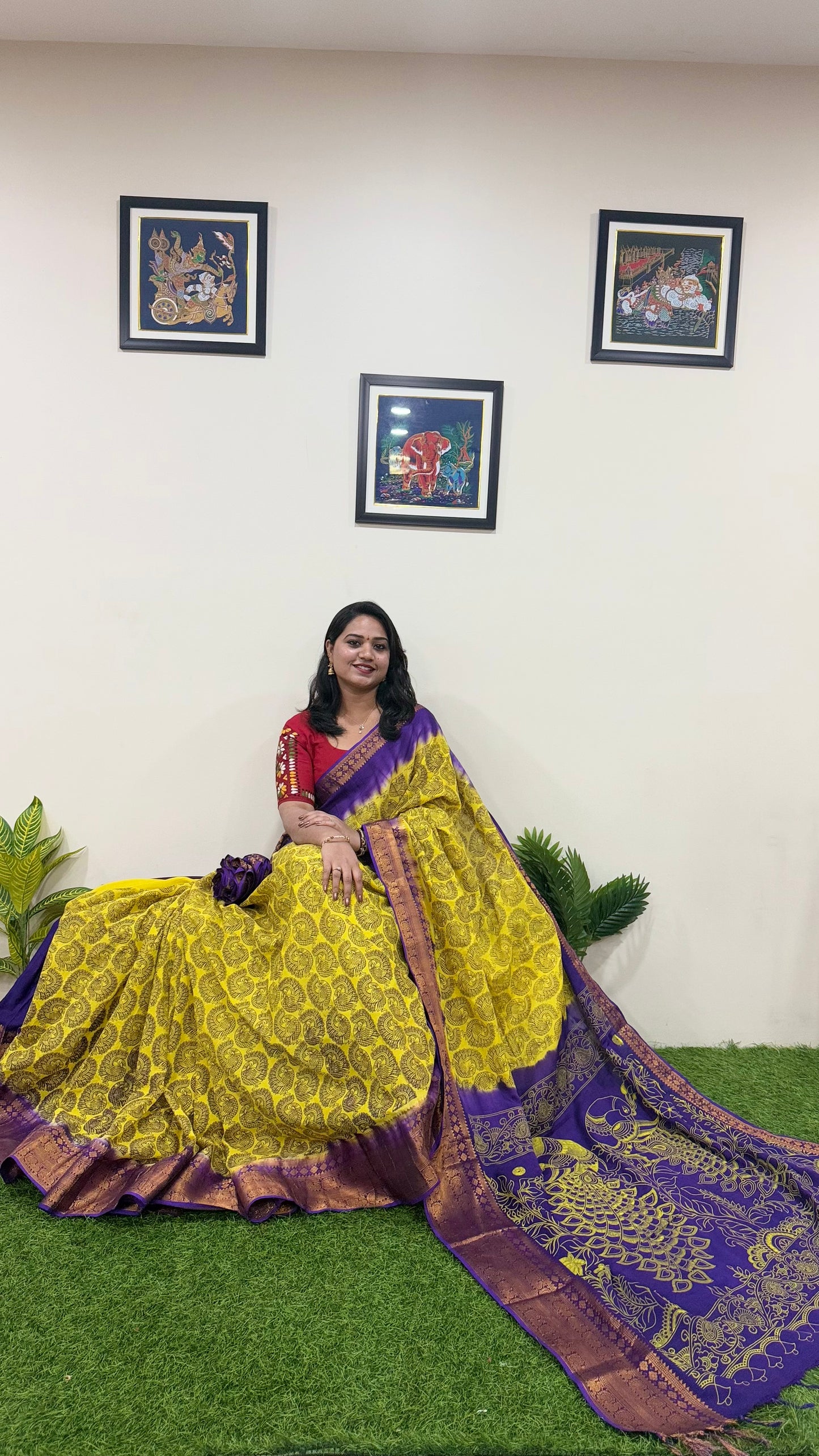 Exquisite Chennuri Pure Silk Saree with Kanchi Borders & Outline Kalamkari Designs