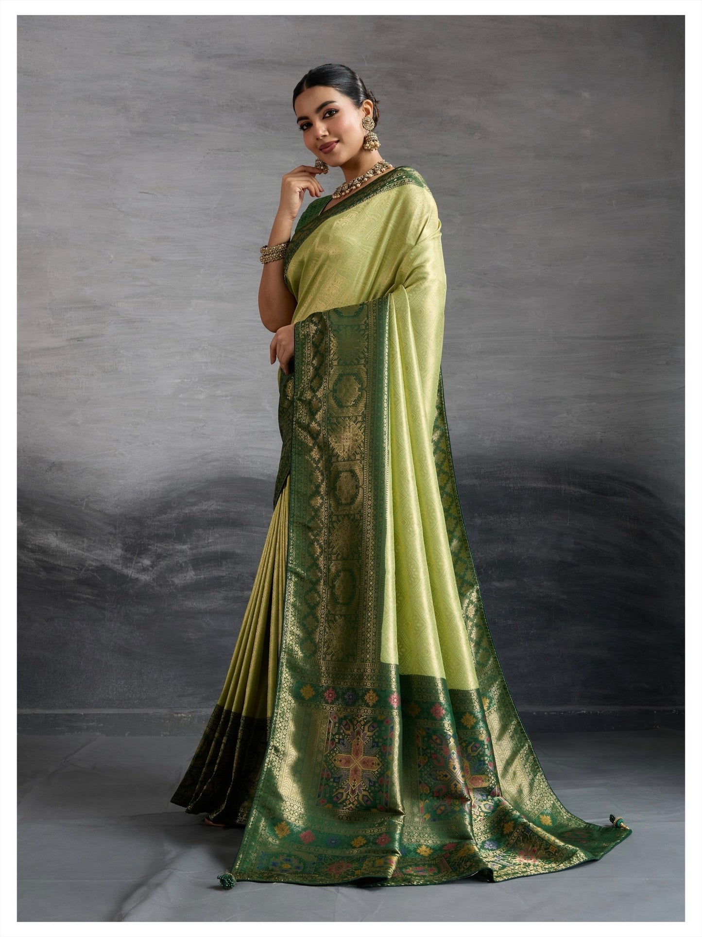 Kanjivaram Soft Silk Saree with Double Zari Kadiyal Border, Meenakari Pallu and Brocade Blouse