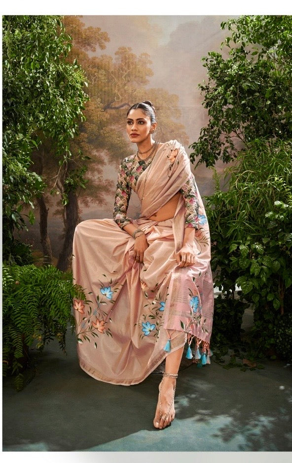 Soft Linen Tissue Saree with Hand Brush Print and Kalamkari Blouse – Festive and Wedding Wear