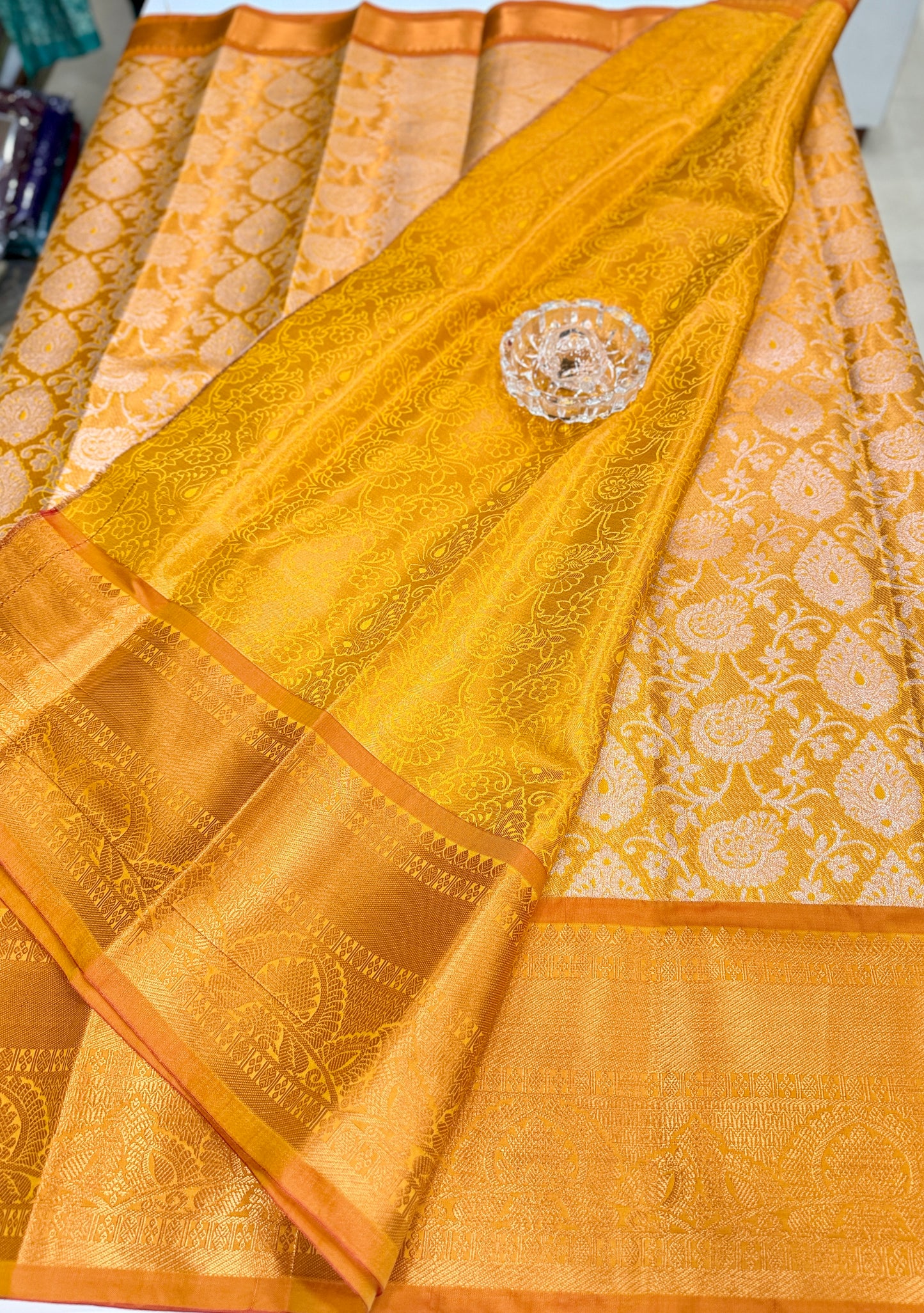 Bridal tissue saree for women with woven zari work and contrast border, kanchipuram style powerloom saree with blouse fabric