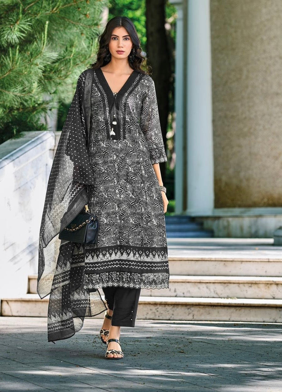 Pure linen fabric with digital prints, pure hand-thread work, and accessory work