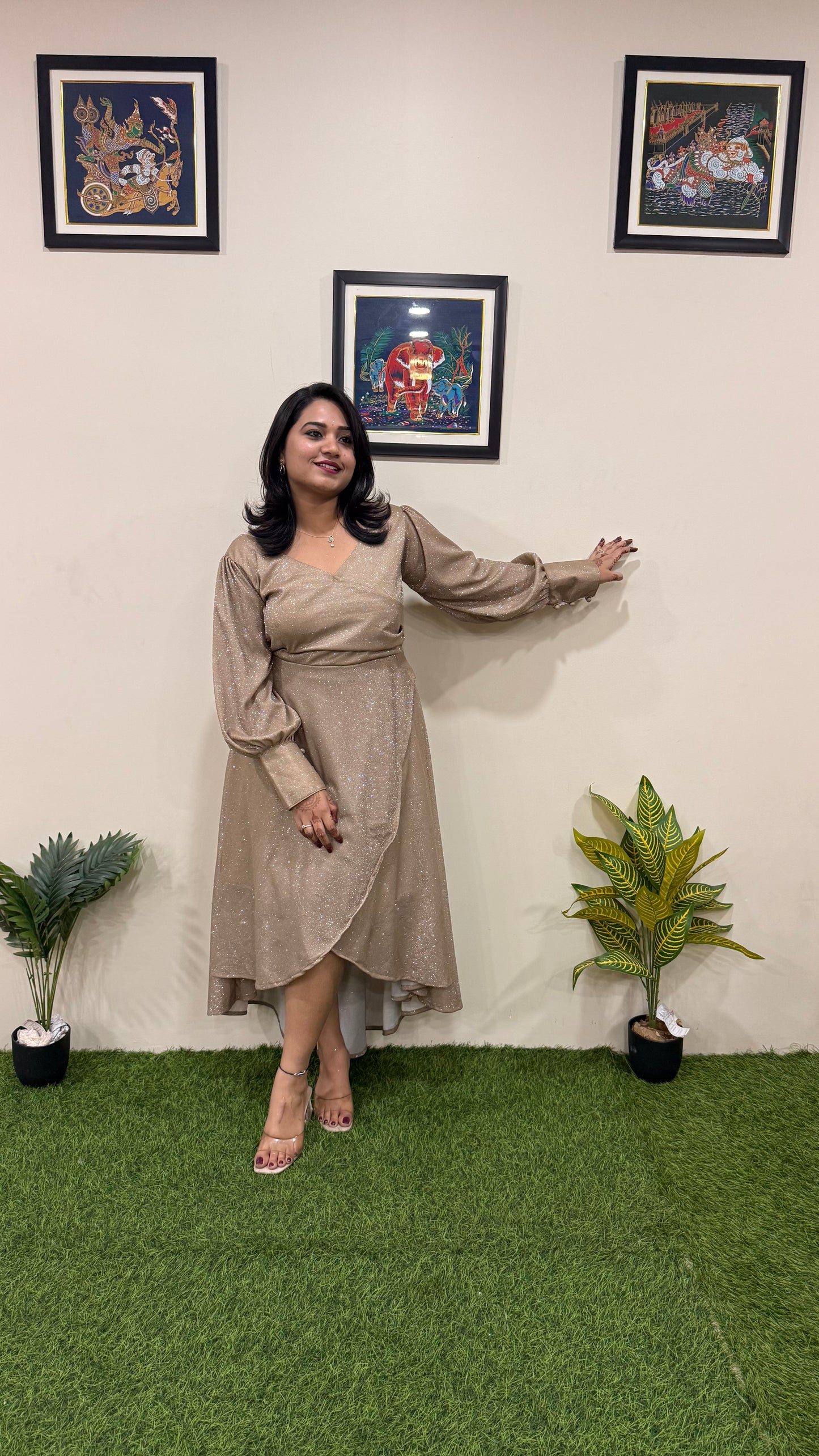 Two-Way Shimmer Lycra One-Piece High-Low Dress with Full Cuff Sleeves – Women’s Party Wear (Sizes 38 to 46)