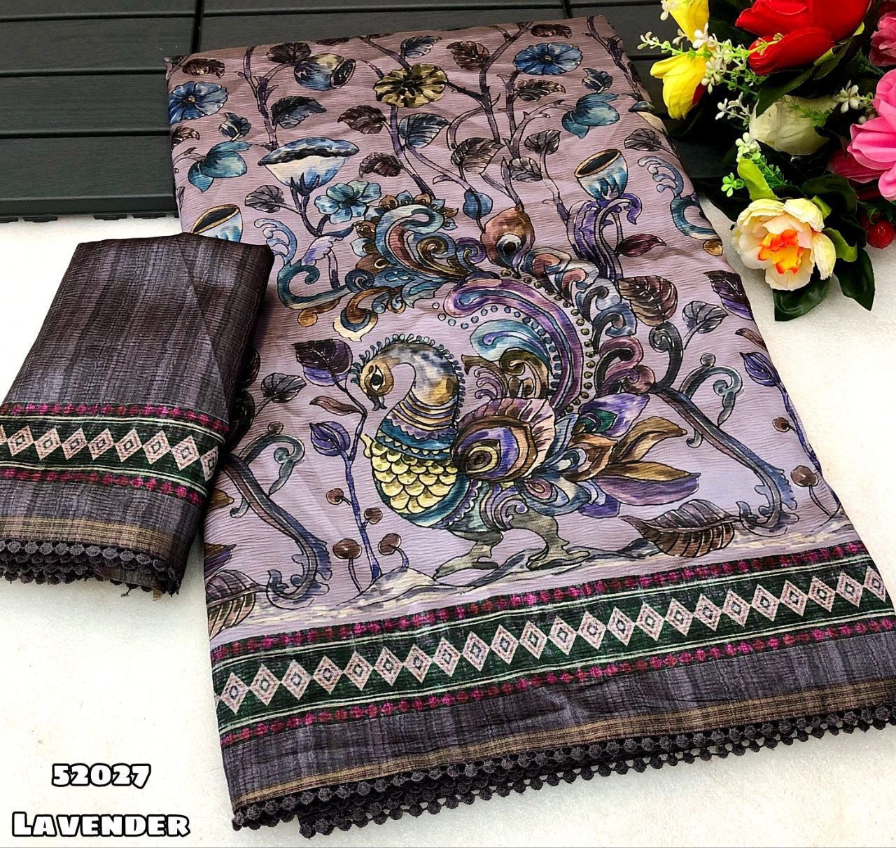 New Arrival: Tussar Silk Floral Kalamkari Digital Print Crush Saree