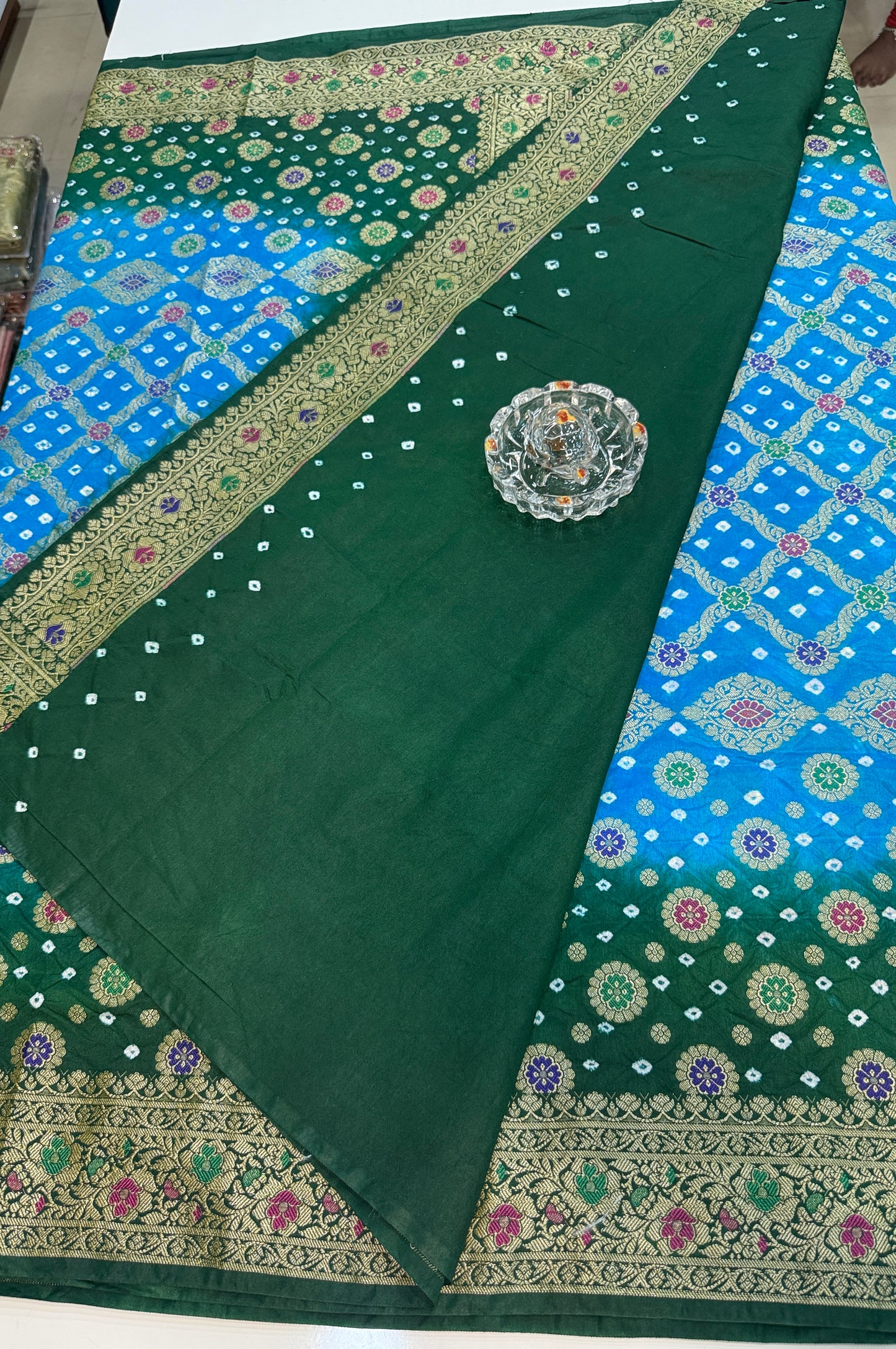 Banarasi dupiyan bandhani saree with semi-weaving neemjari work and hand chunri