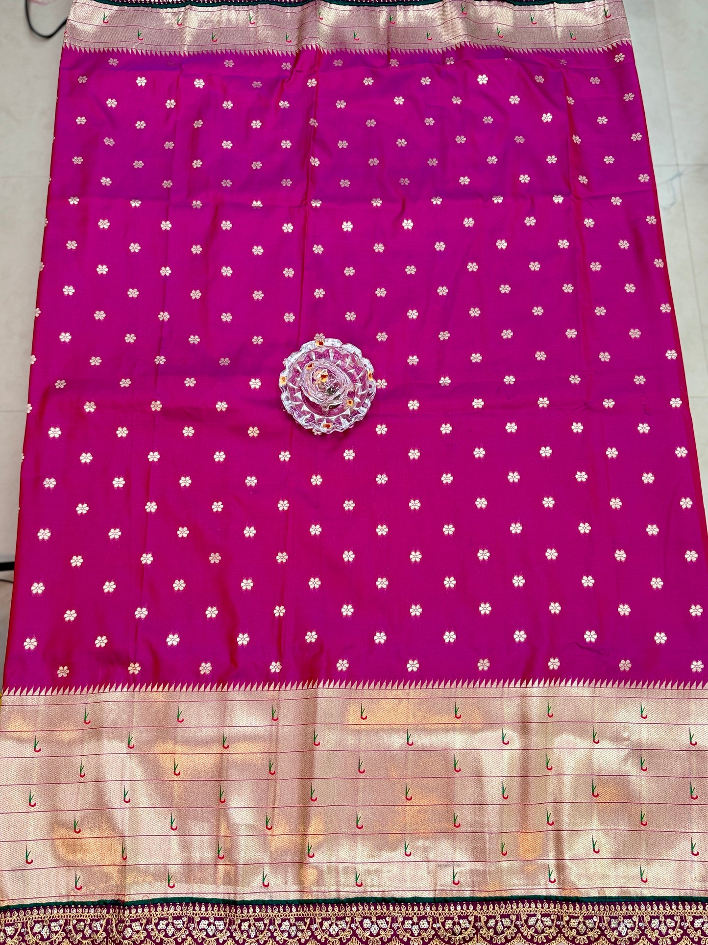 Paithani Lace Border Saree with Parrot Motifs and Contrast Blouse