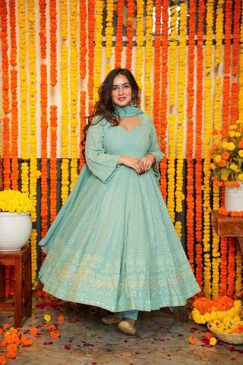 Pastel Blue Pure Fox Georgette Multi Floral Print Anarkali Set