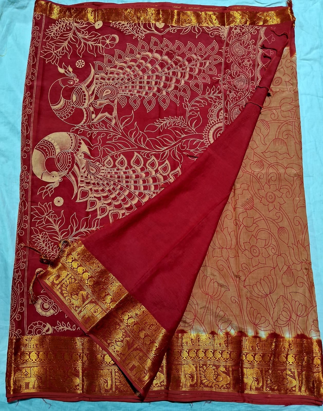 Exquisite Chennuri Pure Silk Saree with Kanchi Borders & Outline Kalamkari Designs