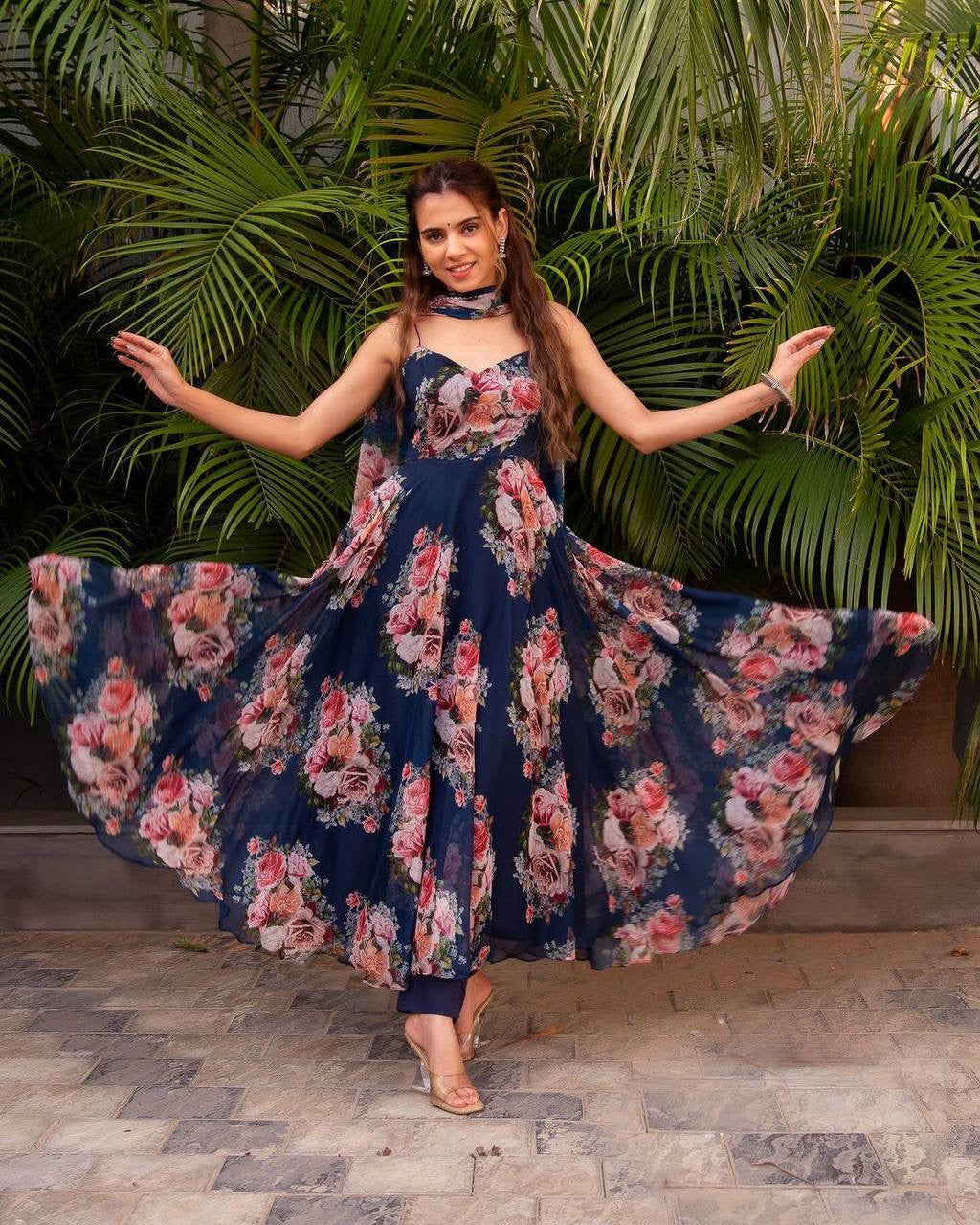 Georgette Morning Glory Anarkali Set for Women with Corset Lace Dupatta – Sizes L to XXL