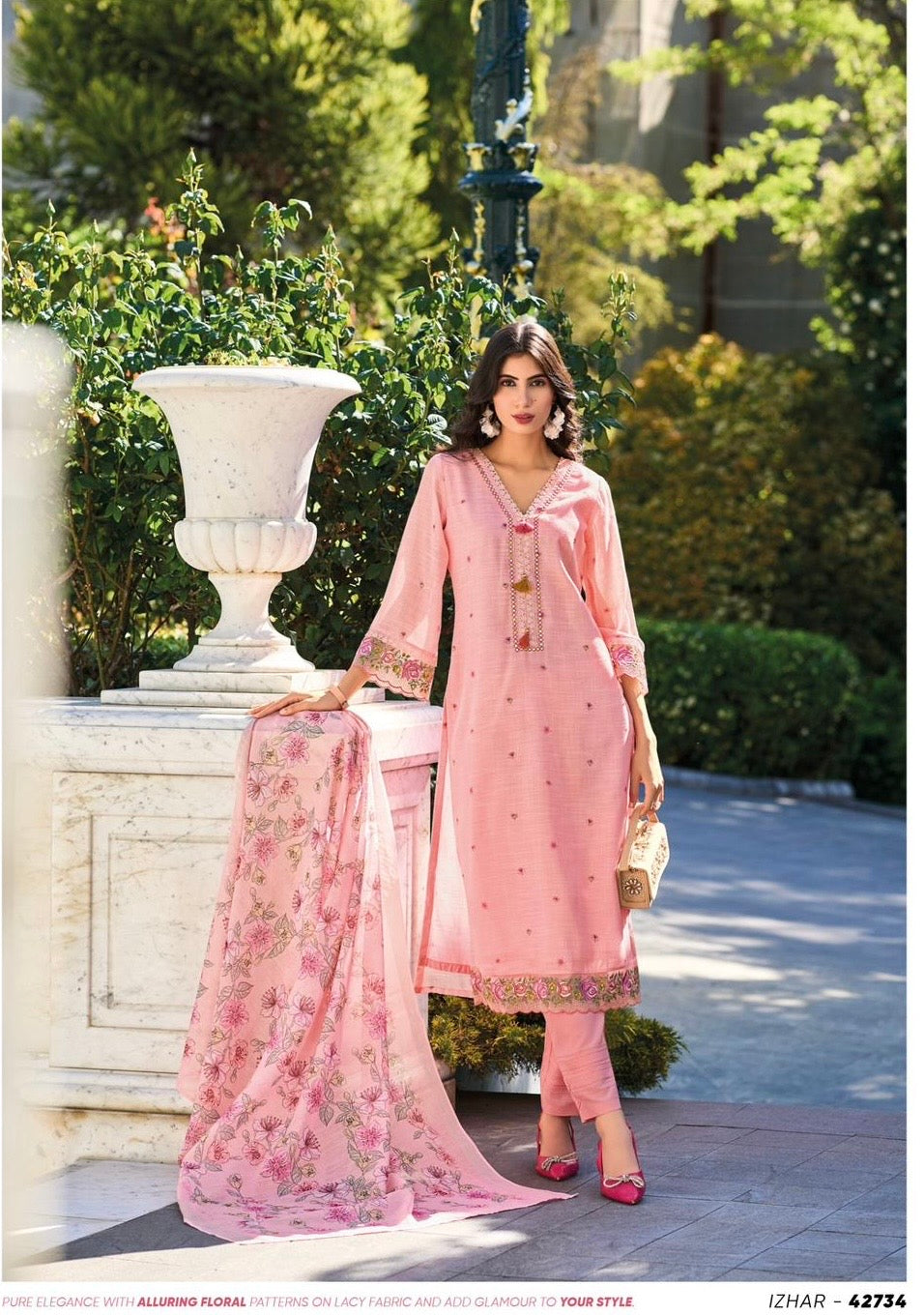 Pure linen fabric with digital prints, pure hand-thread work, and accessory work
