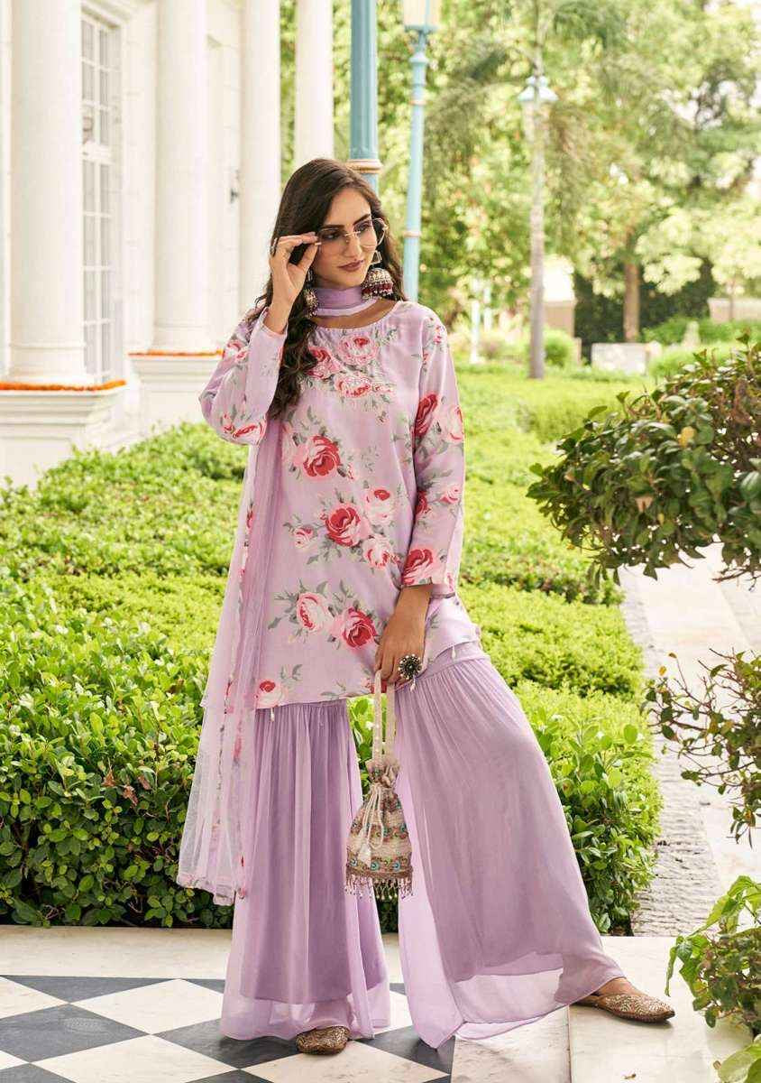 Handcrafted Cotton Kurta with Georgette Sharara and Viscose Net Dupatta Set for Women