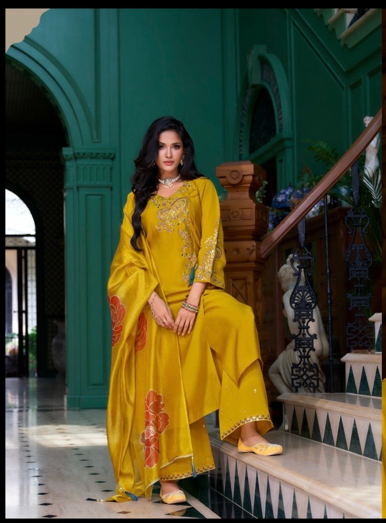 Women’s Roman Silk Angrakhha Kurti Set with Embroidery and Organza Dupatta – XL to XXL