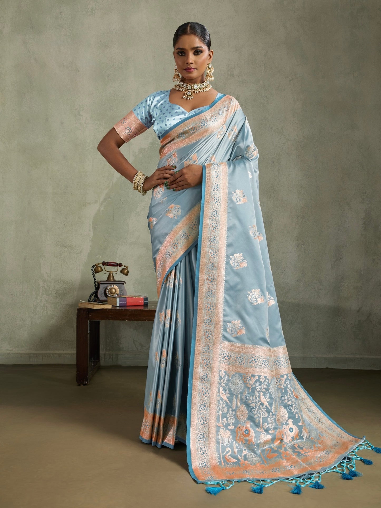Satin Silk Saree with Zari Weaving and Meenakari Pallu for Women