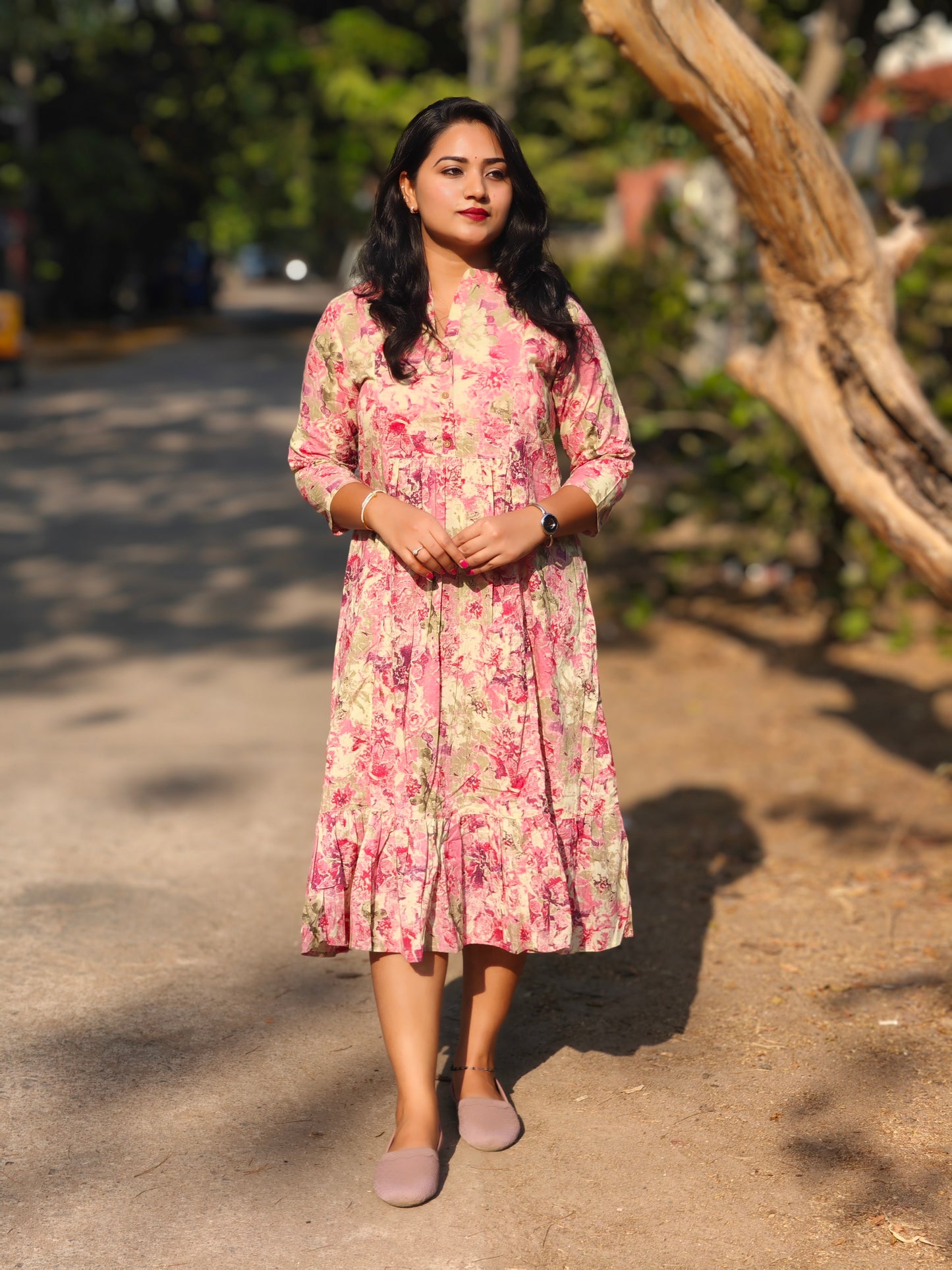 Pink Cotton Abstract Gathered Dress JAA182