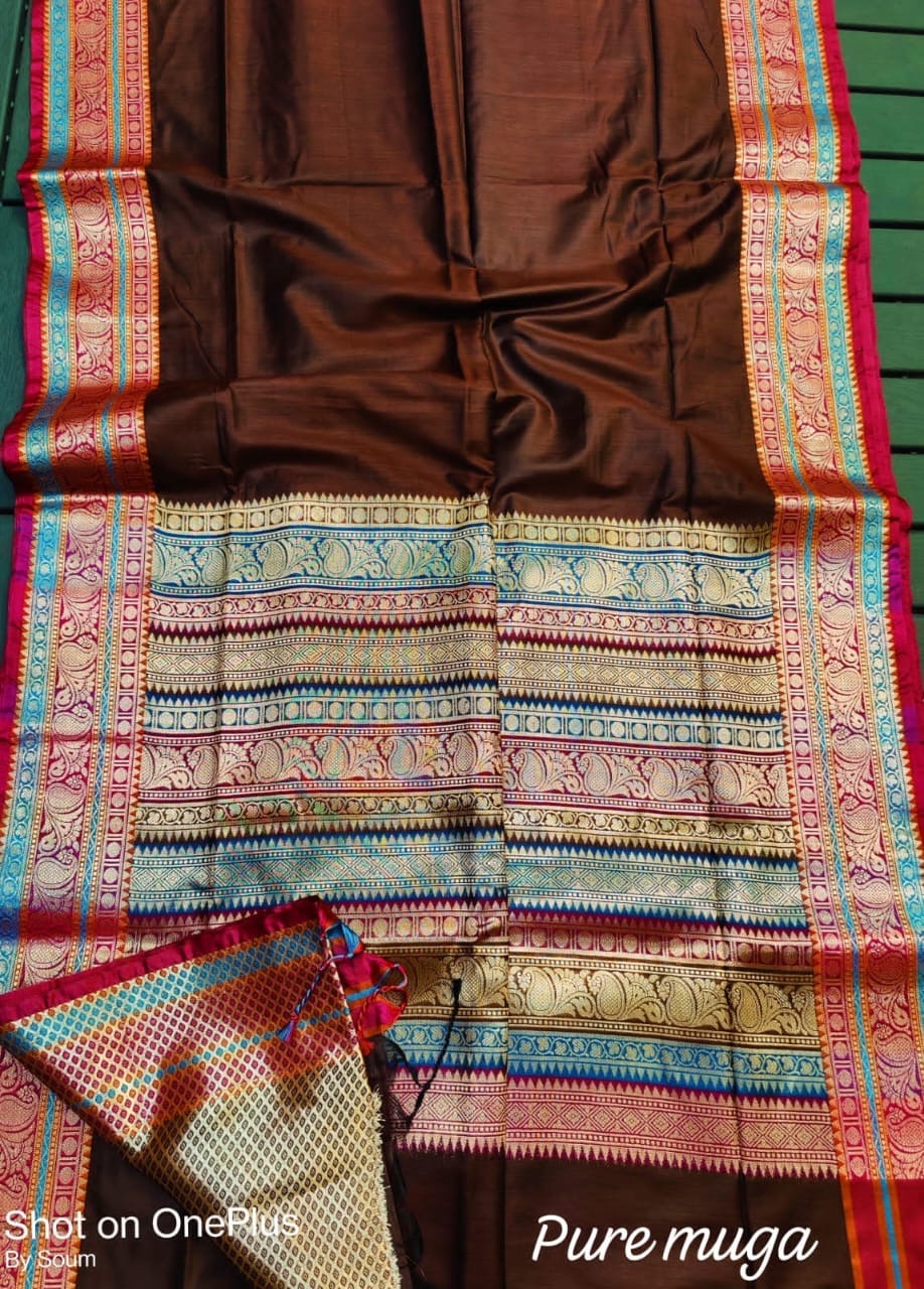 Muga Katan Saree with Brocade Blouse Piece for Women – Plain Body and Soft Drape