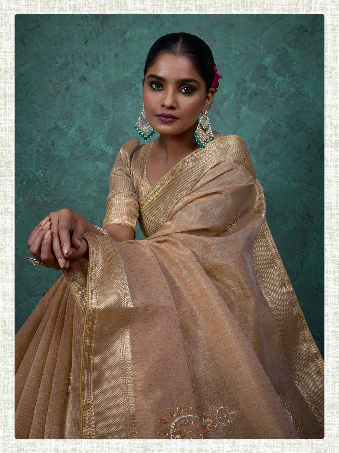 linen tissue saree with handwork motifs, lace detailing, and designer blouse – lightweight ethnic wear for women