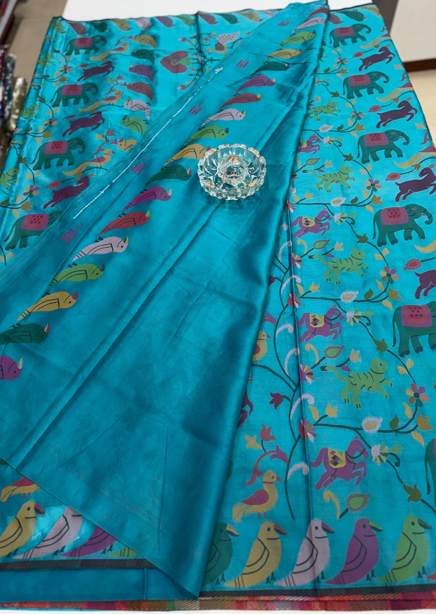 Soft silk printed saree with multicolour ethnic motifs and contrast blouse piece