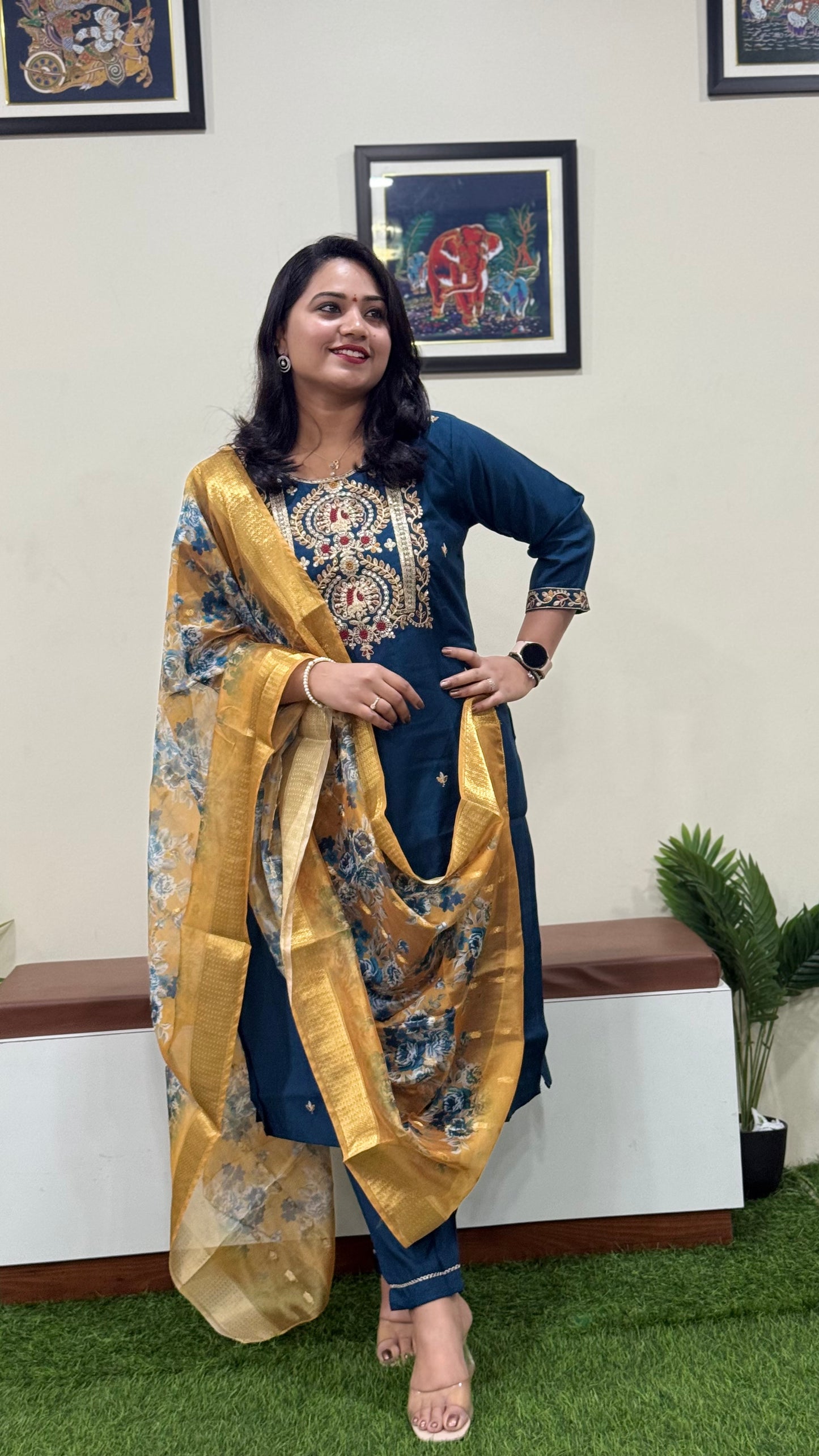 Vertican Silk Straight Cut Kurta Pant Dupatta Set with Organza Digital Print Dupatta – Sizes XL to 3XL