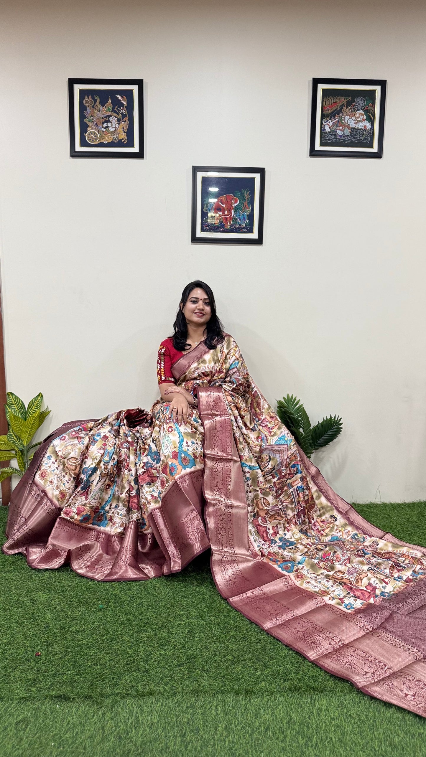 Banarasi Soft Silk Saree with Kalamkari Block Print and Zari Weaving – Party Wear for Women