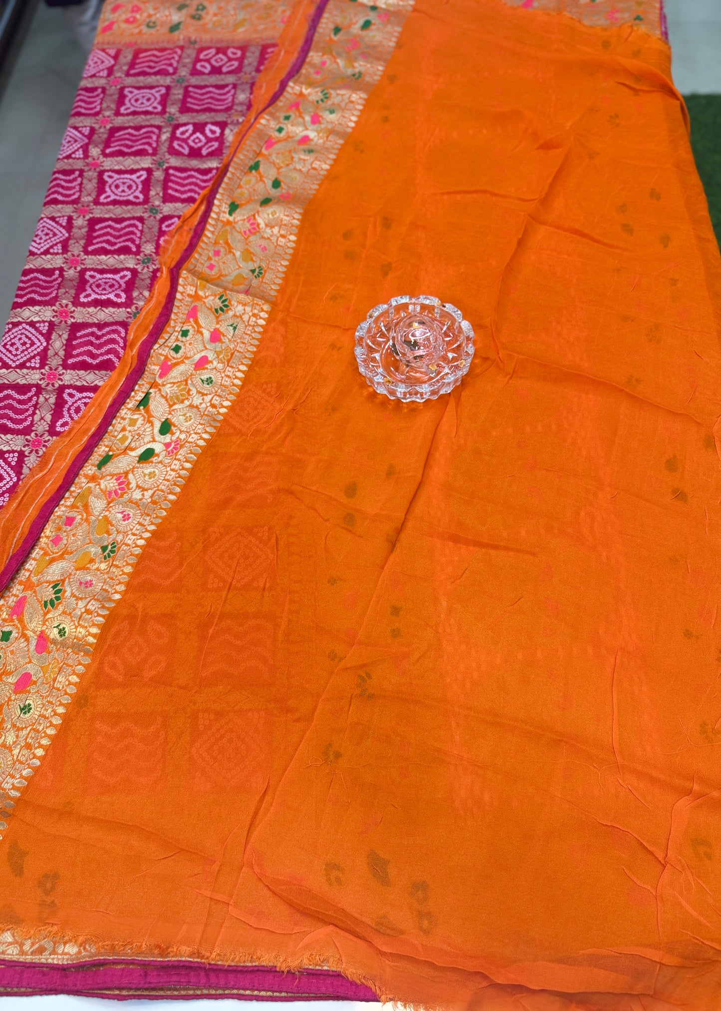 Pure Khaddi Georgette Banarasi Ghatchola Saree with Zari Weaving and Blouse Piece