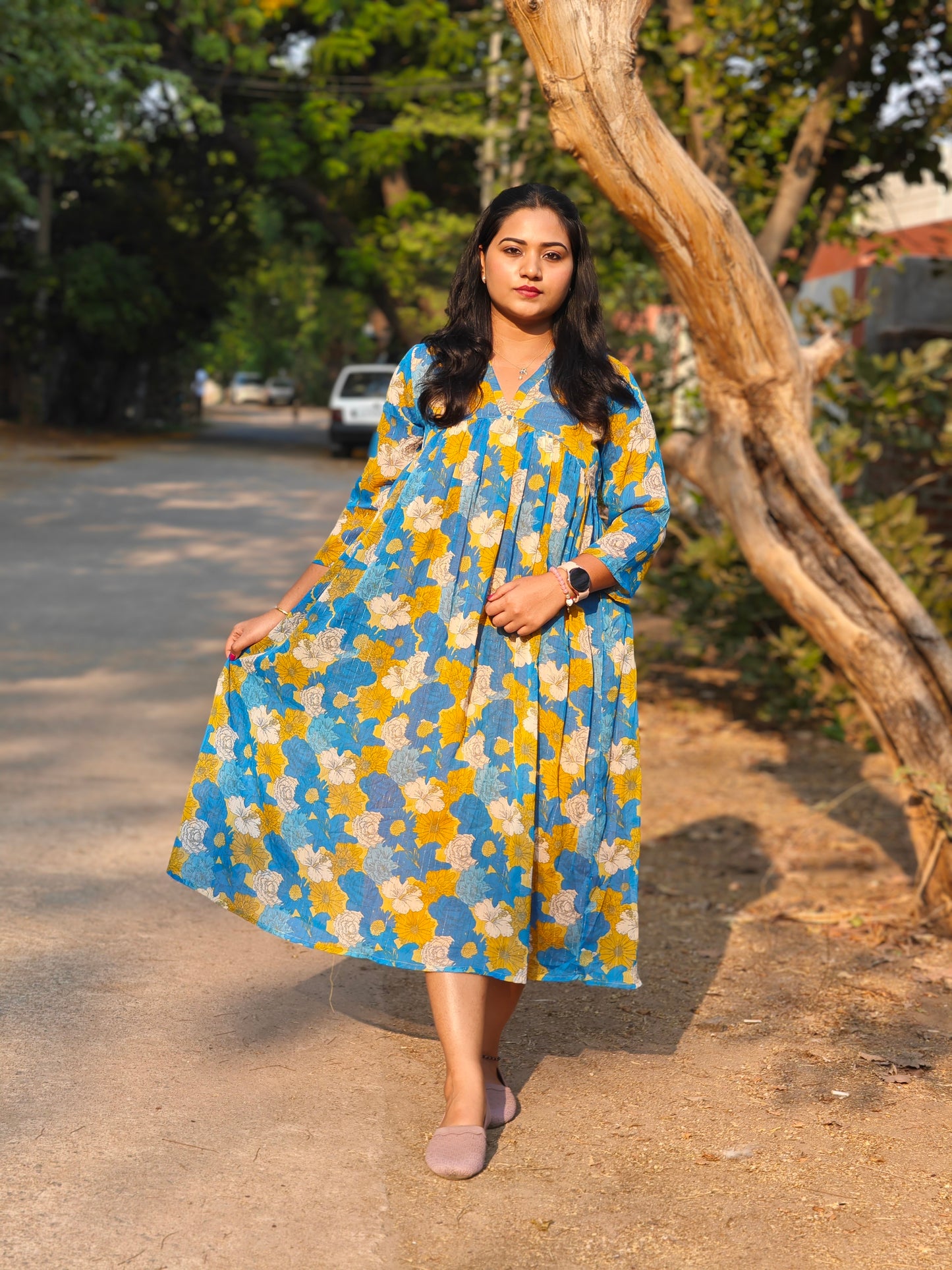 Blue Chiffon Lurex Floral Printed Flared Dress