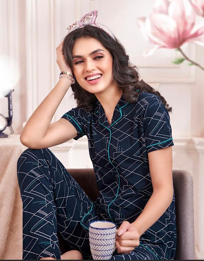 Printed Sinker Fabric Collar Night Suit Set – Women’s Loungewear & Nightwear (M to 2XL)