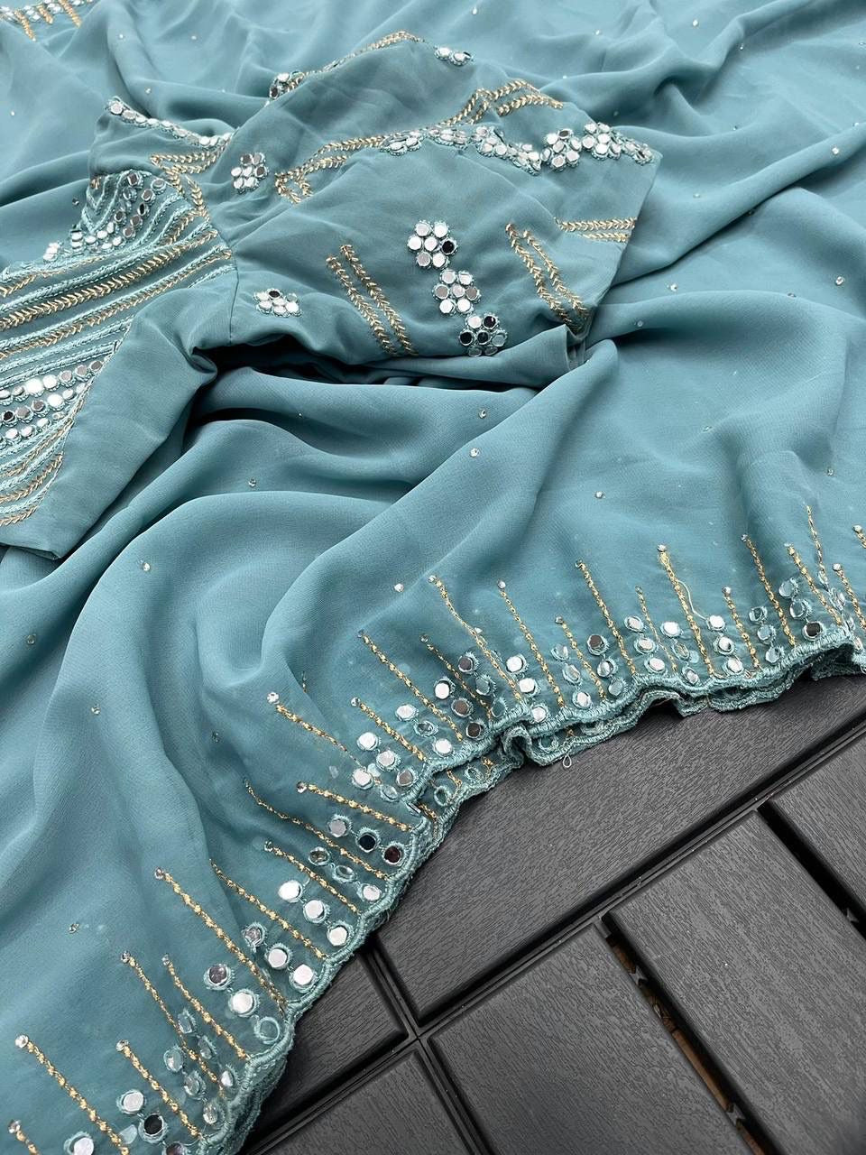 Women’s Pure Georgette Saree with Embroidery and Real Mirror Work, Matching Blouse