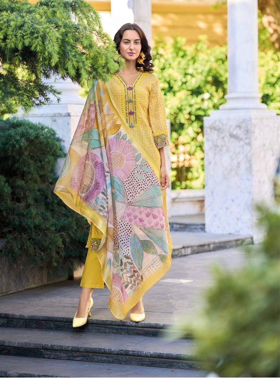 Pure linen fabric with digital prints, pure hand-thread work, and accessory work