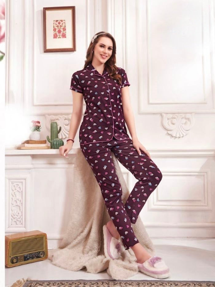 Printed Sinker Fabric Collar Night Suit Set – Women’s Loungewear & Nightwear (M to 2XL)